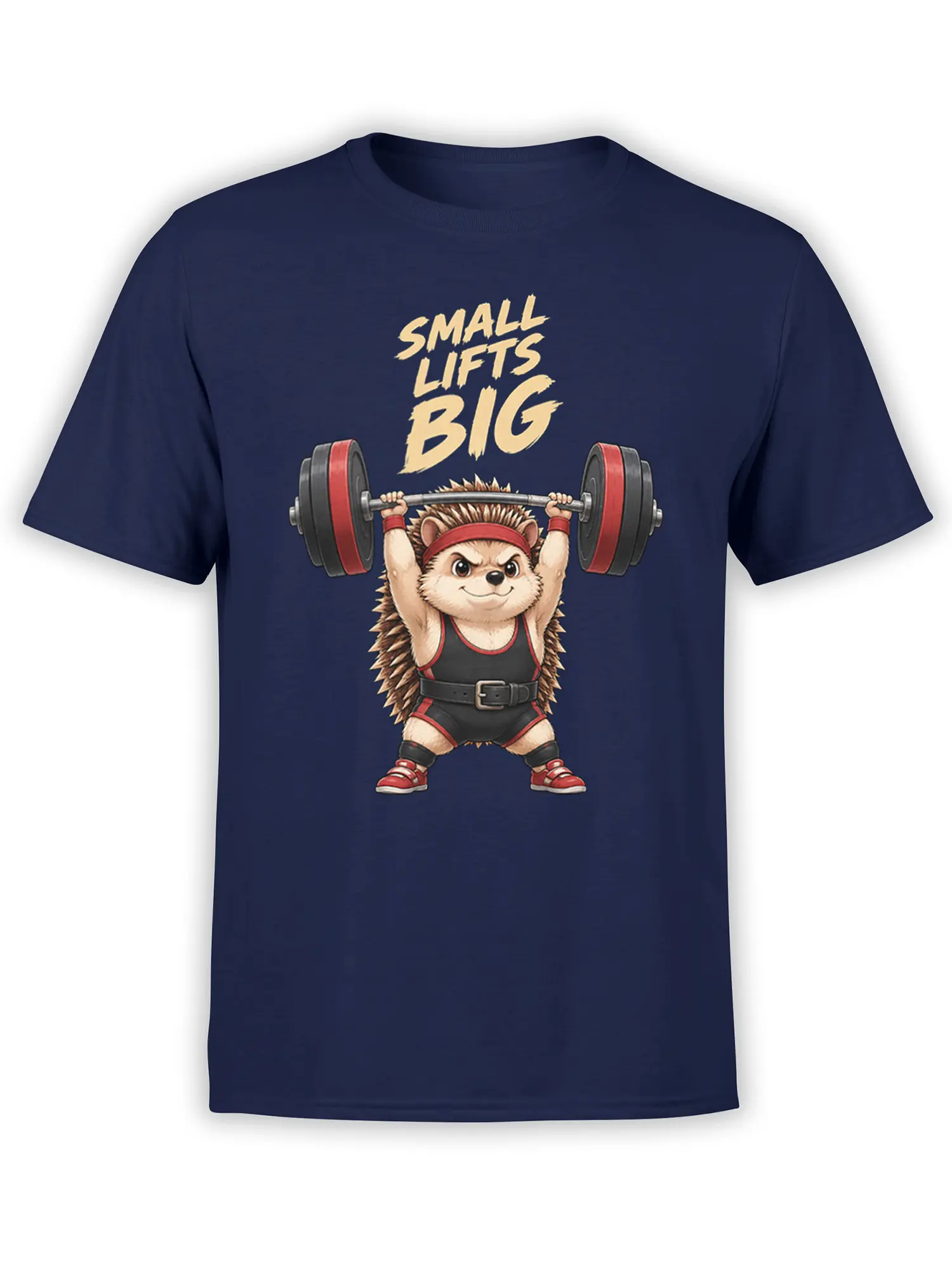 Determined hedgehog lifting a barbell with “SMALL LIFTS BIG” lettering on a navy T-shirt