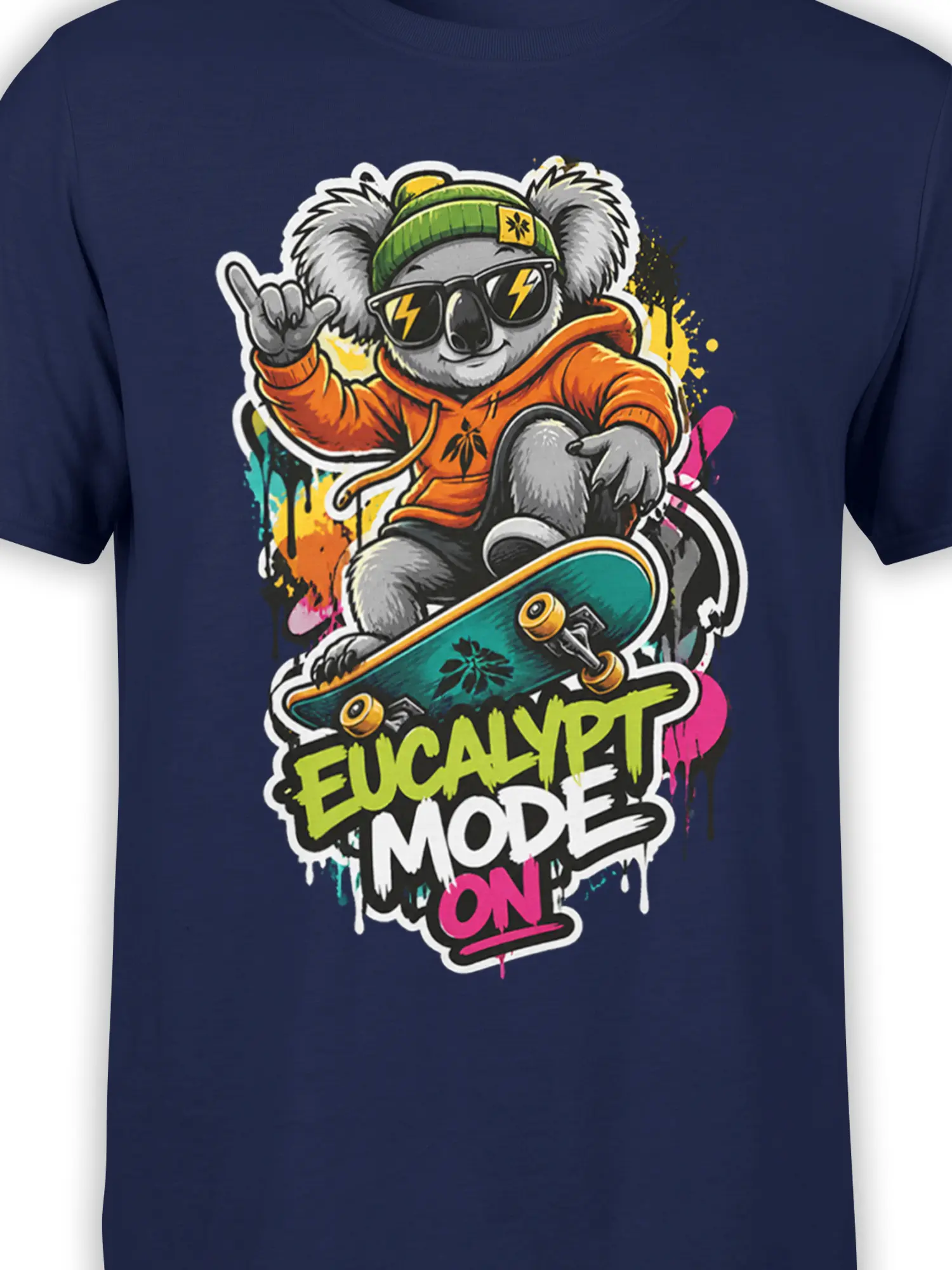 Close-up of a koala skateboard graphic with sunglasses, graffiti colors, and eucalyptus mode text