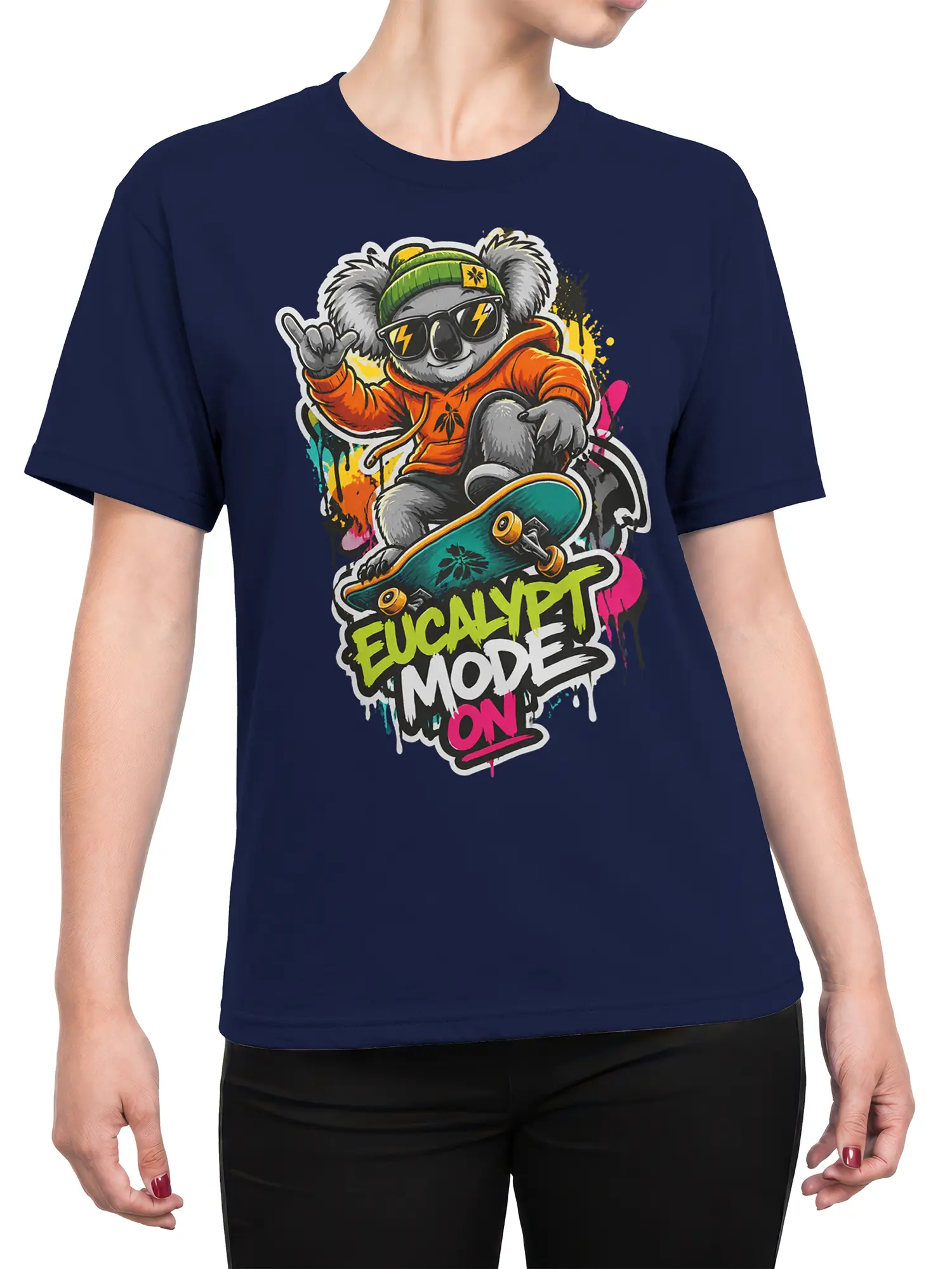 Female torso wearing a navy koala skateboard shirt with colorful graffiti-style artwork