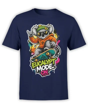 Koala in sunglasses rides a skateboard on a navy shirt with colorful graffiti-style artwork