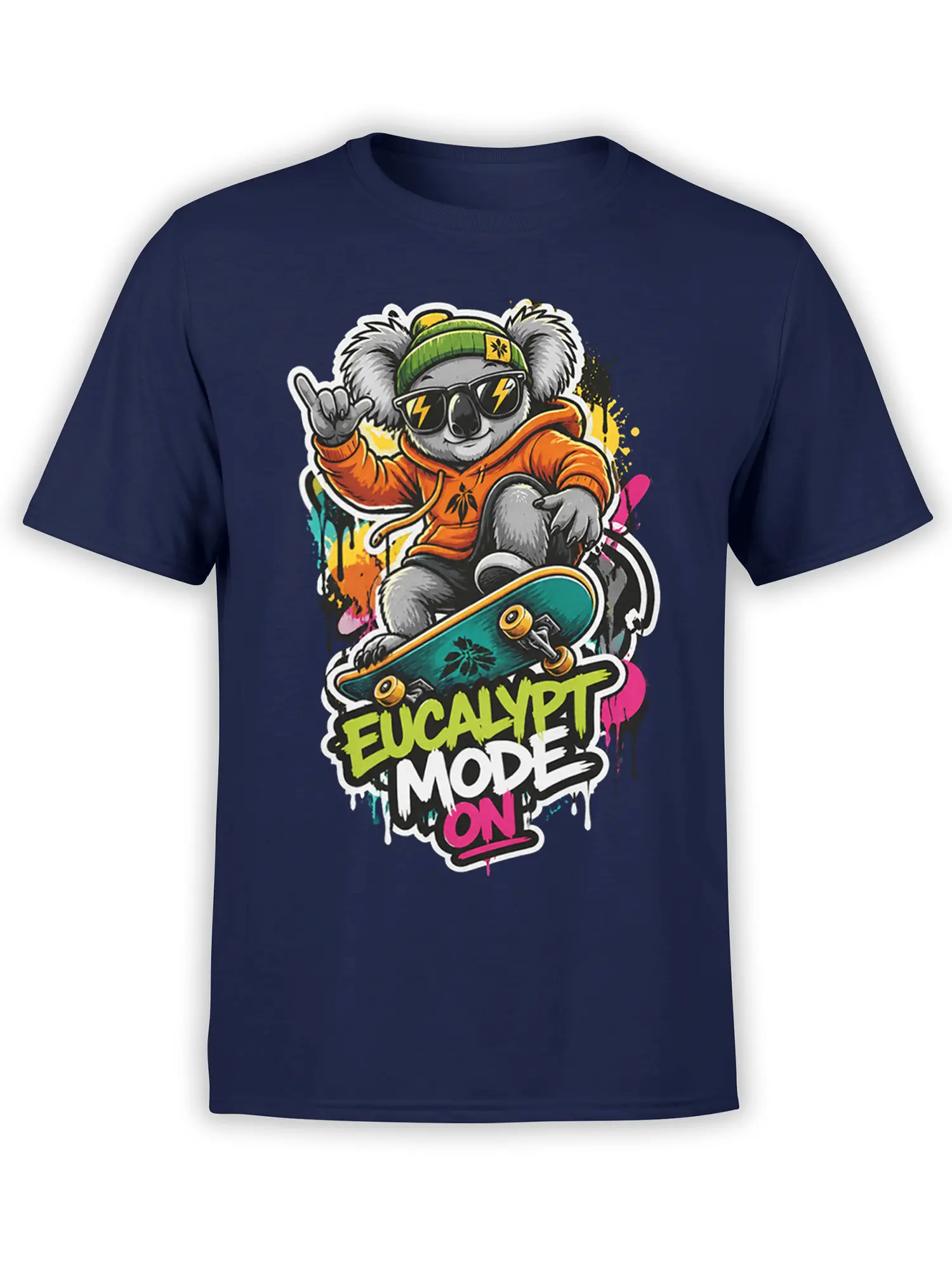 Koala in sunglasses rides a skateboard on a navy shirt with colorful graffiti-style artwork