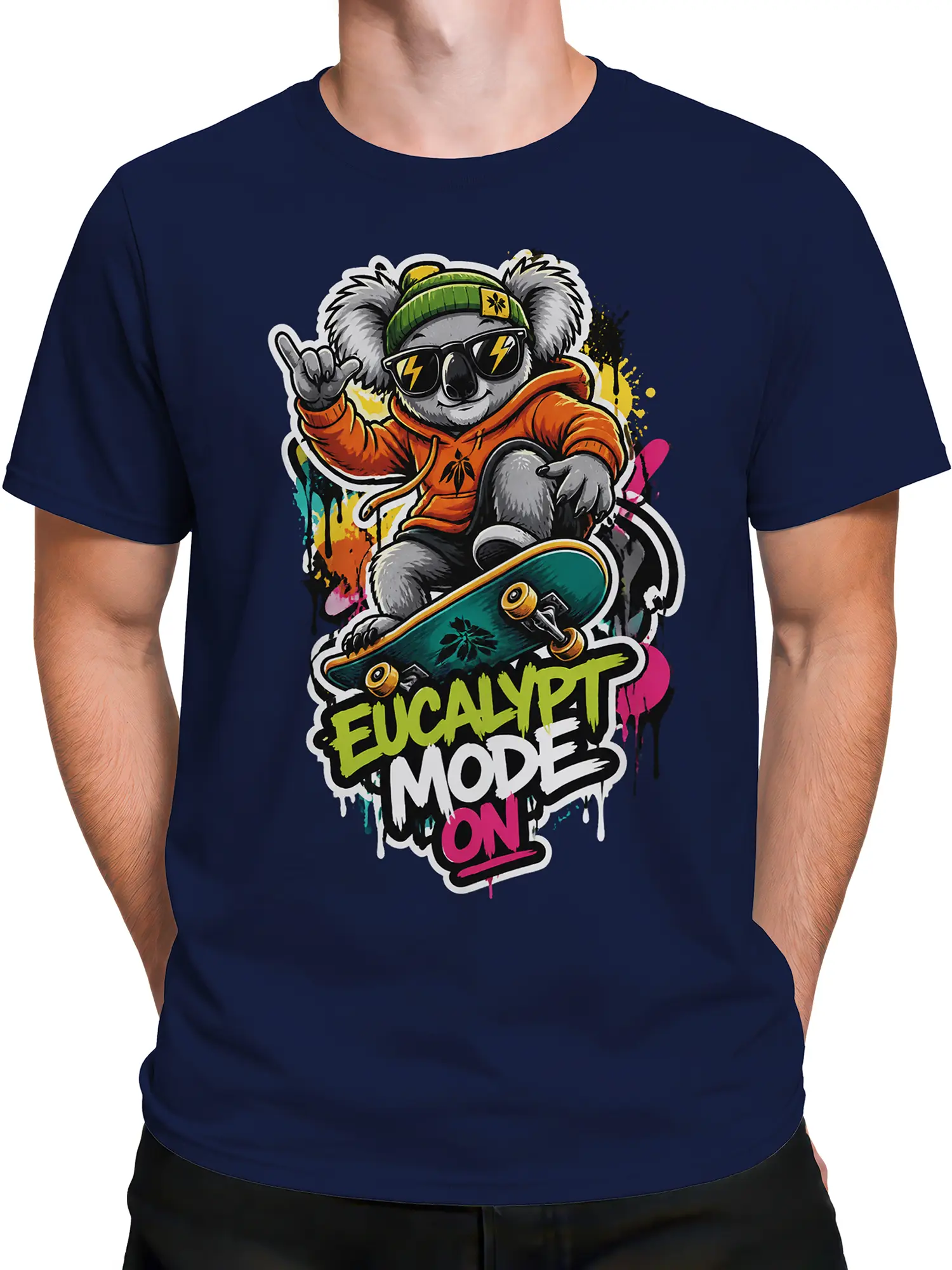 Male torso wearing a navy koala skateboard shirt with colorful graffiti-style artwork