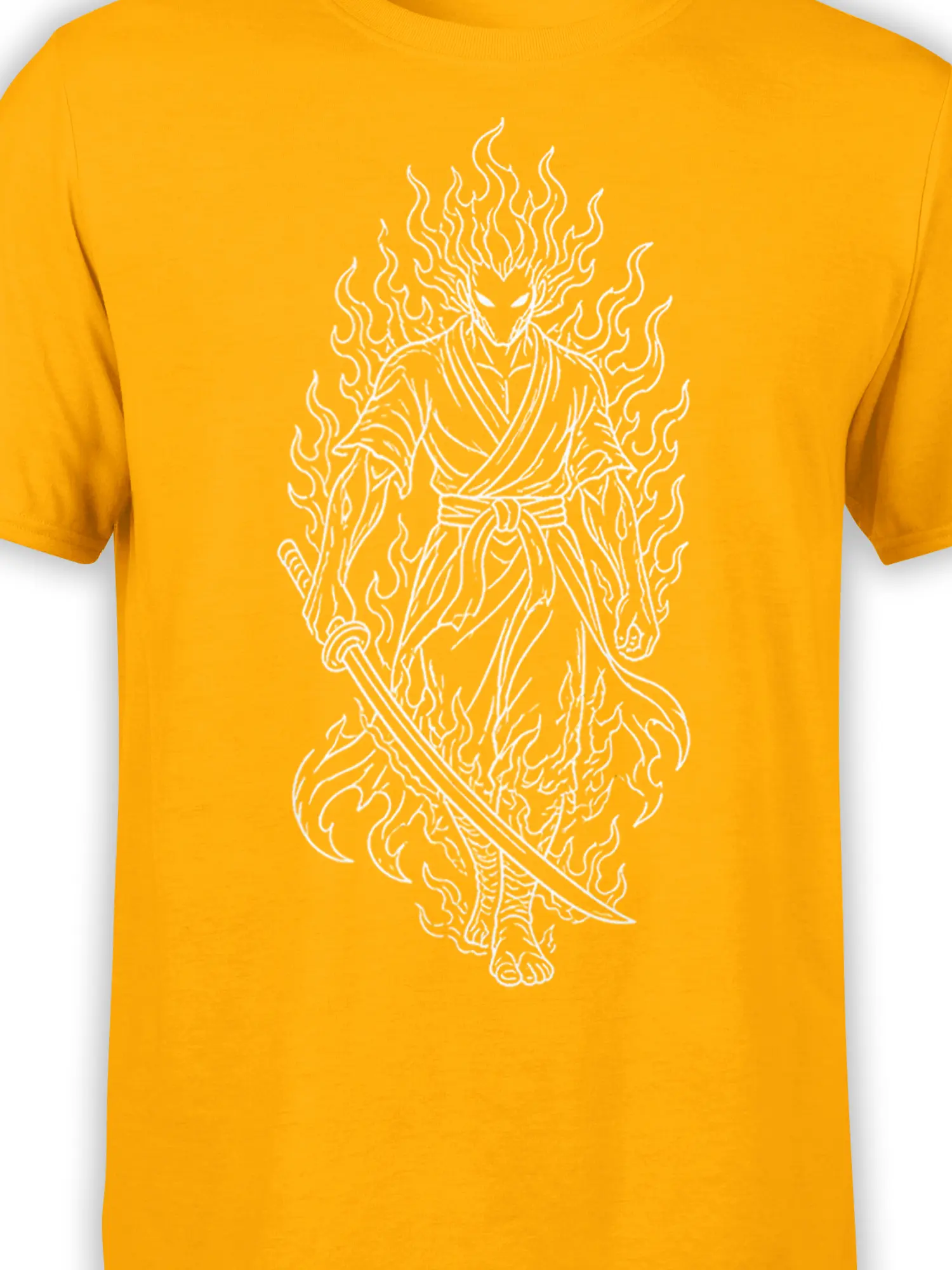Close-up of white flaming warrior and sword artwork on an orange fantasy tee