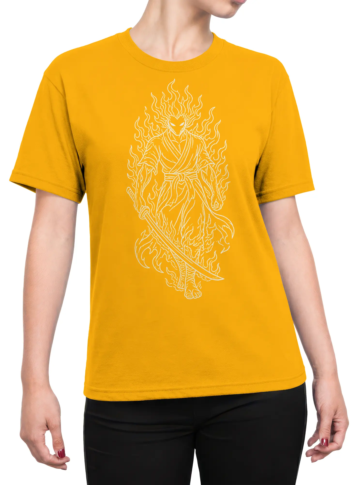 Female torso wearing an orange T-shirt with a white flaming sword warrior design