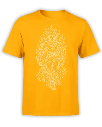 White flame-lined warrior holding a sword on an orange fantasy T-shirt