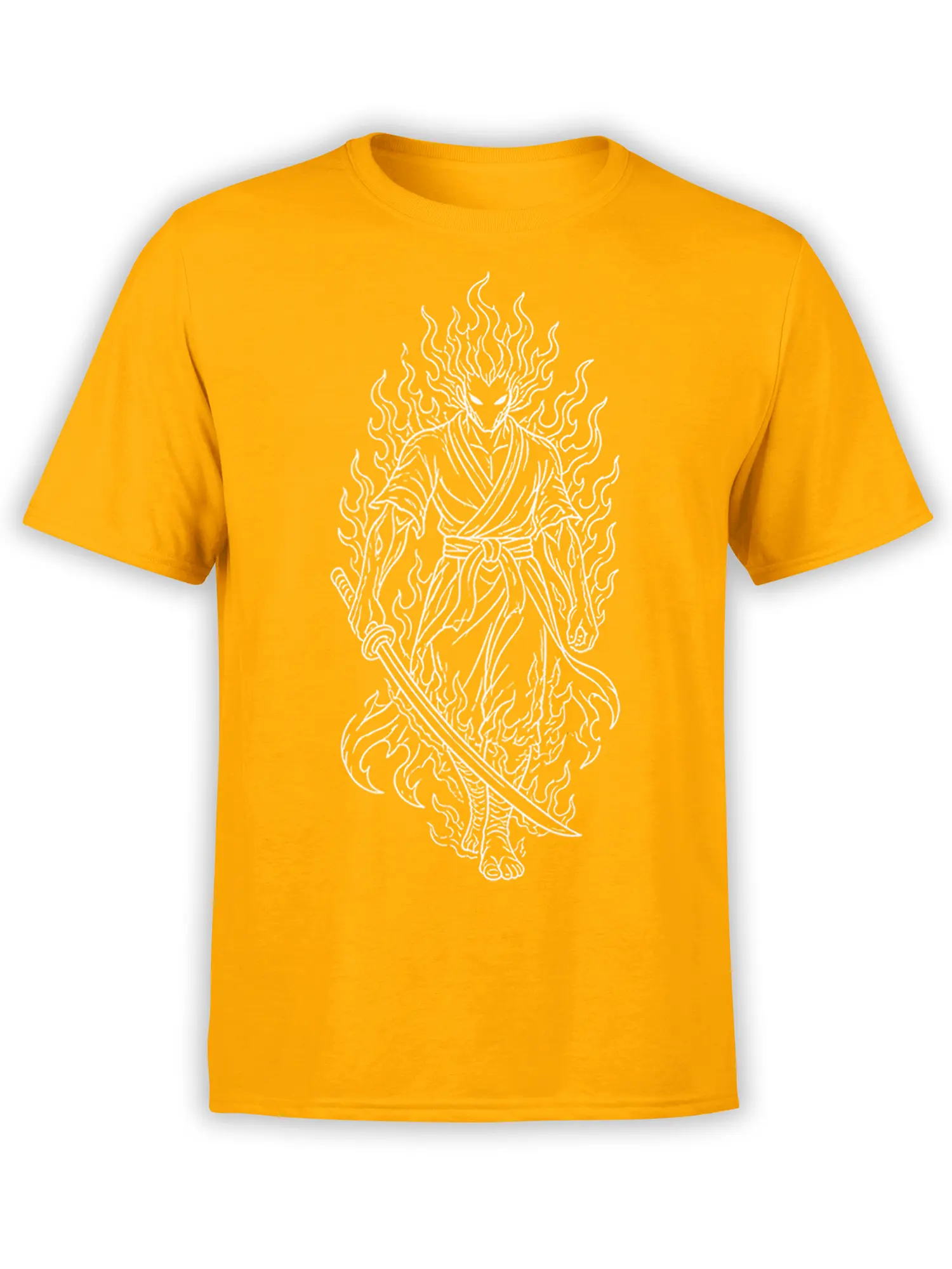 White flame-lined warrior holding a sword on an orange fantasy T-shirt