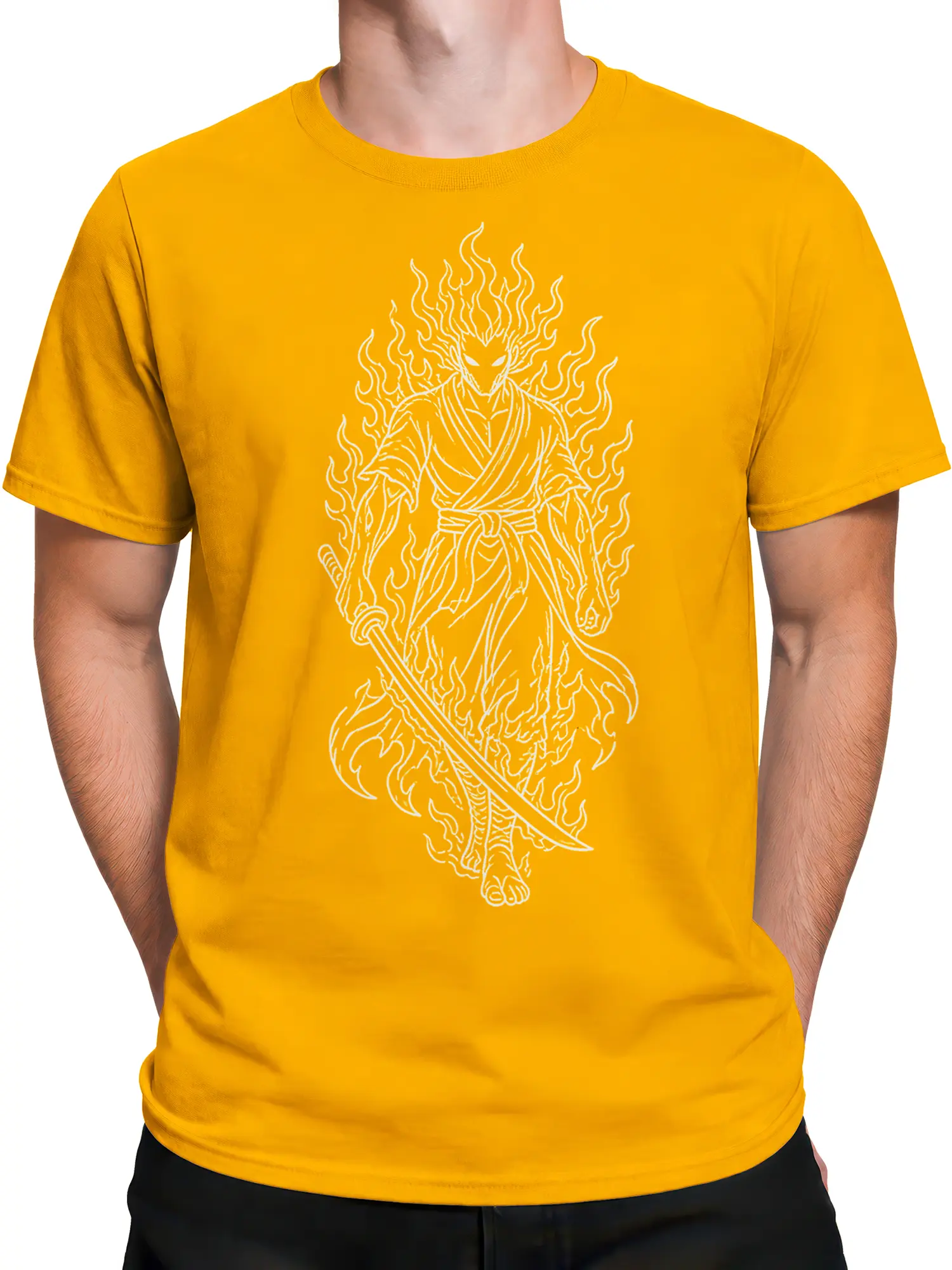 Male torso wearing an orange T-shirt with a white flame warrior and sword design