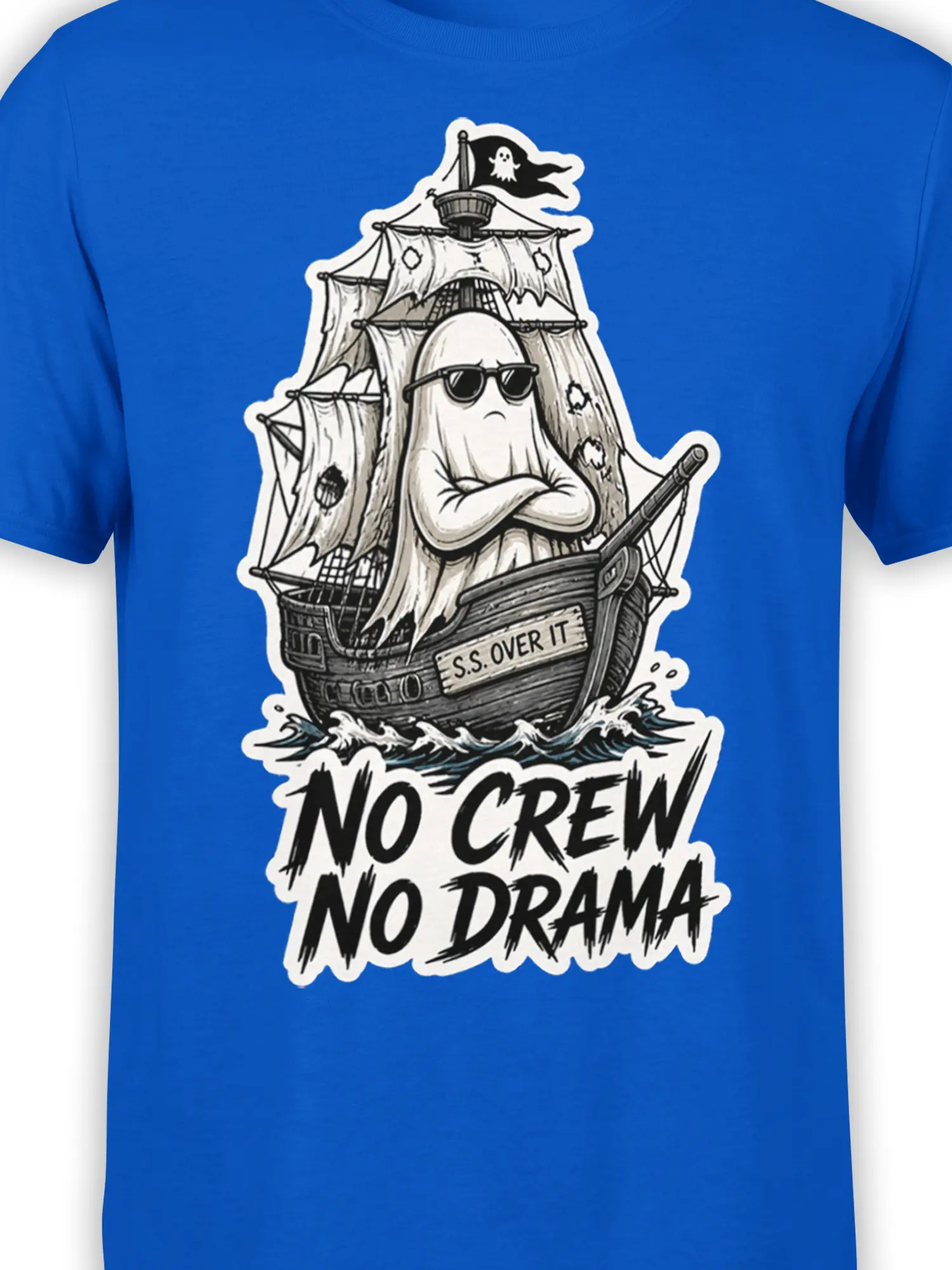 Close-up of the ghost pirate, ship details, waves, and No Crew No Drama graphic on a blue T-shirt