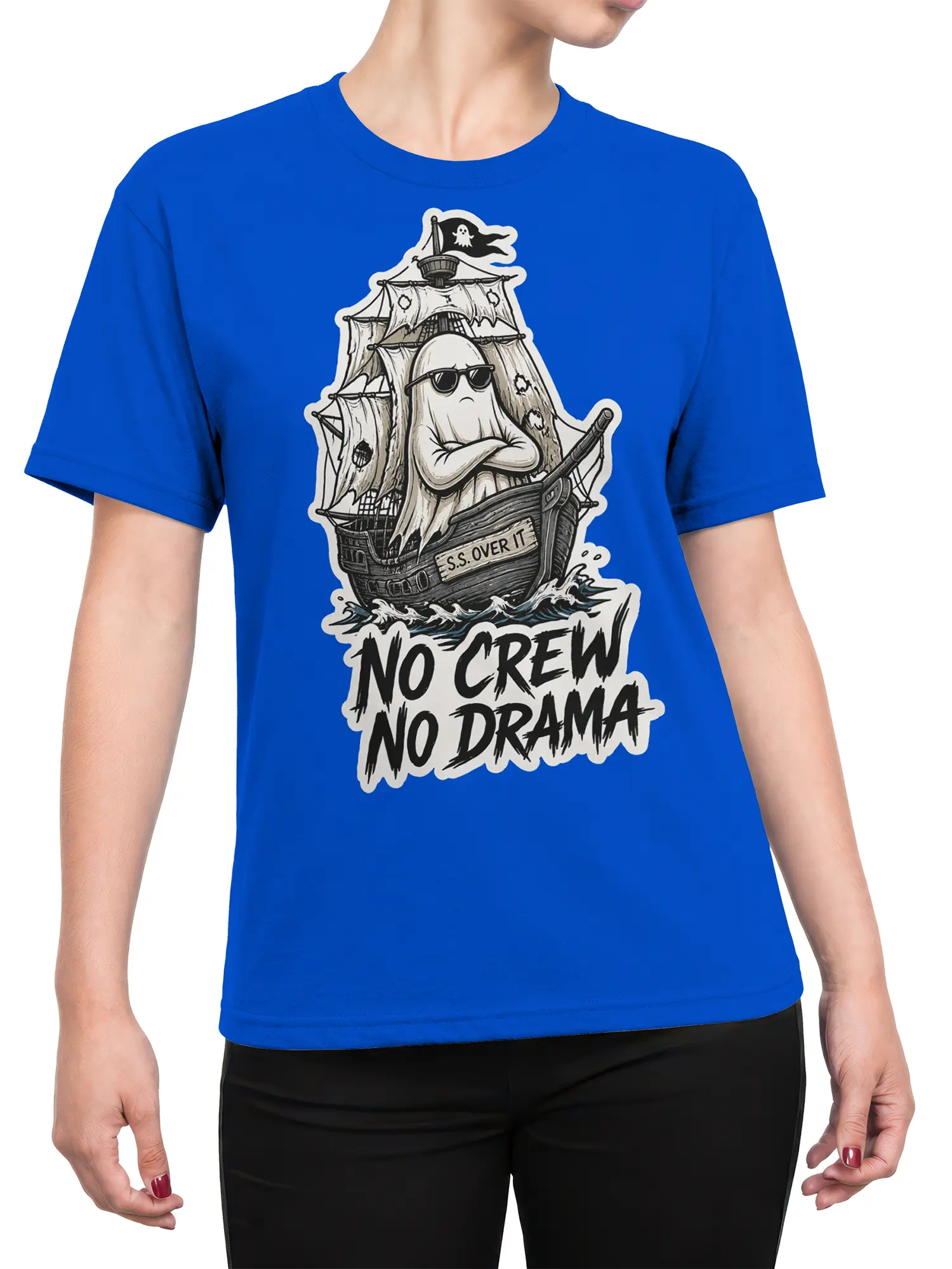 Female torso wearing a blue T-shirt with a ghost pirate ship graphic and No Crew No Drama text