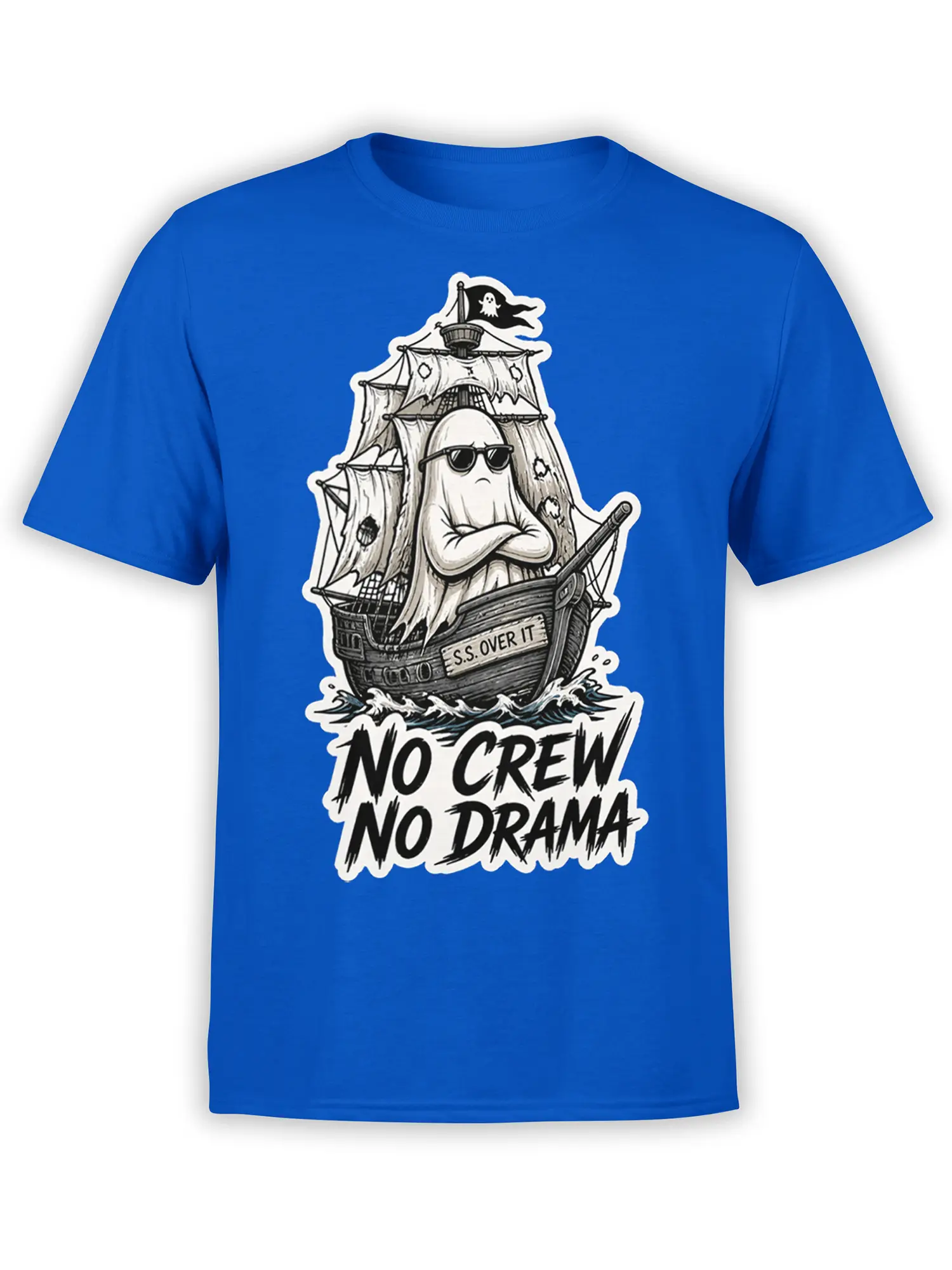 Blue T-shirt with a sunglasses-wearing ghost pirate on a ship and bold No Crew No Drama lettering