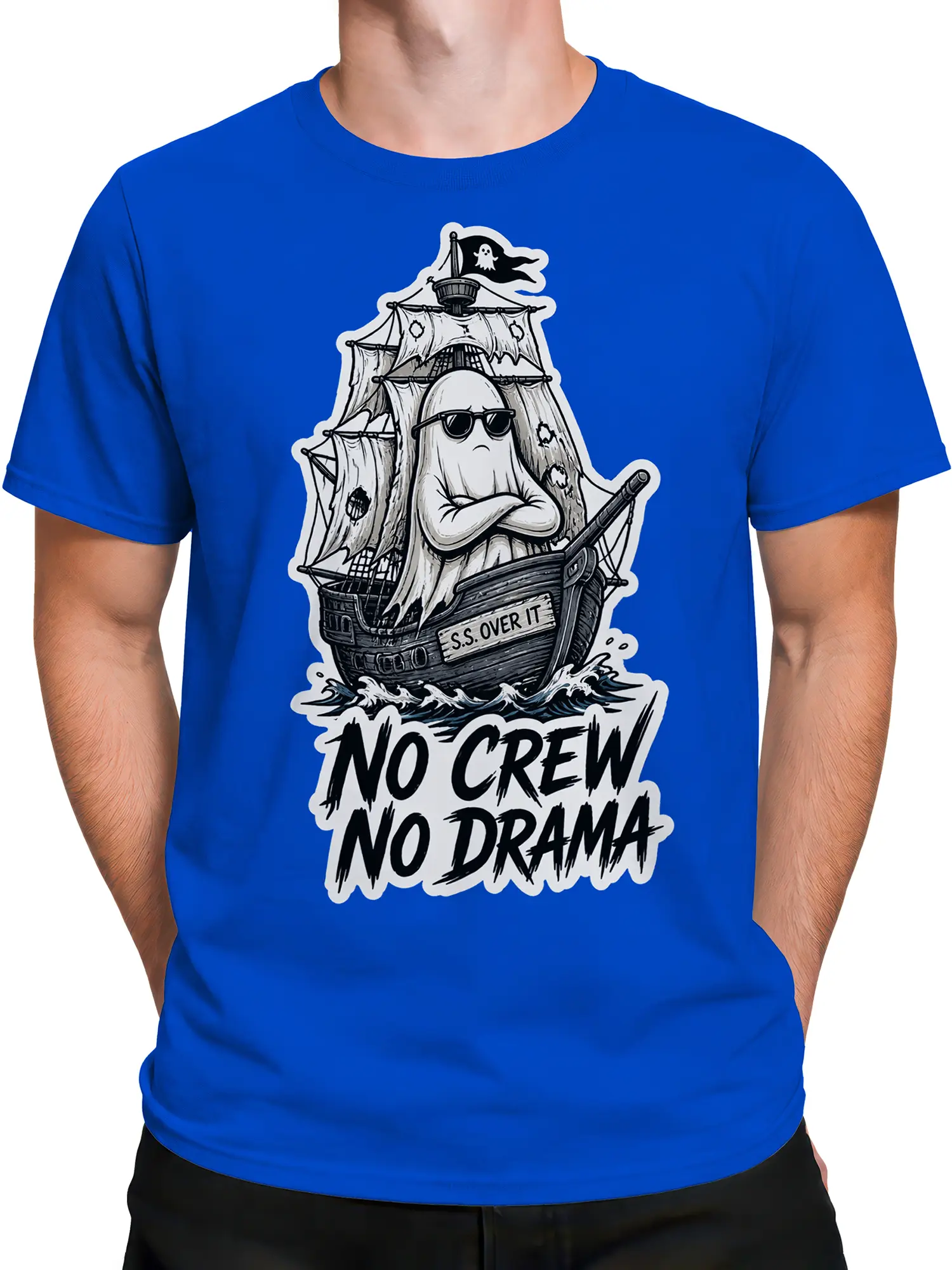 Male torso wearing a blue ghost pirate T-shirt with a detailed ship graphic and bold lettering