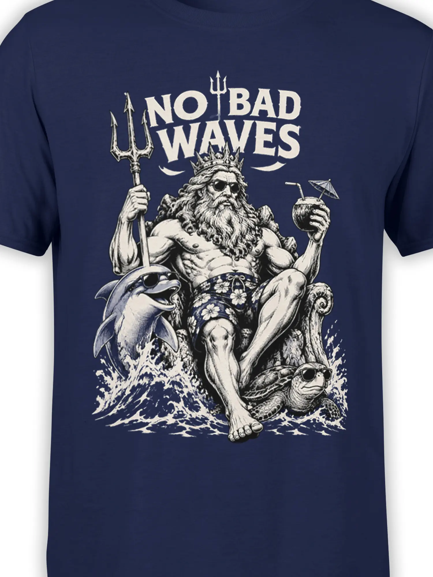Close-up of Poseidon graphic on a navy T-shirt with trident, sunglasses, cocktail, dolphin, and turtle