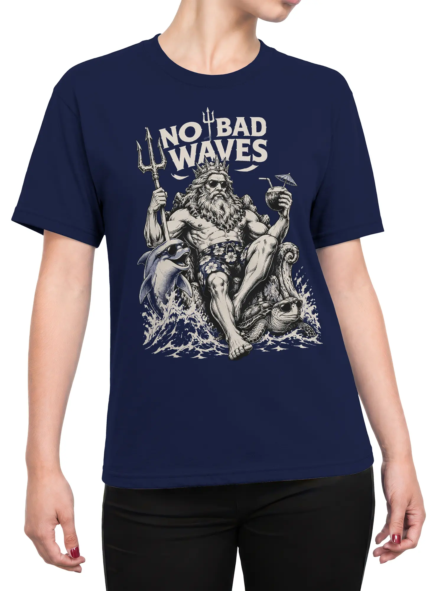 Female torso wearing a navy Poseidon T-shirt with No Bad Waves ocean graphic and marine details