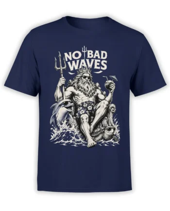 Poseidon navy T-shirt with trident, cocktail, dolphin, turtle, waves, and No Bad Waves lettering