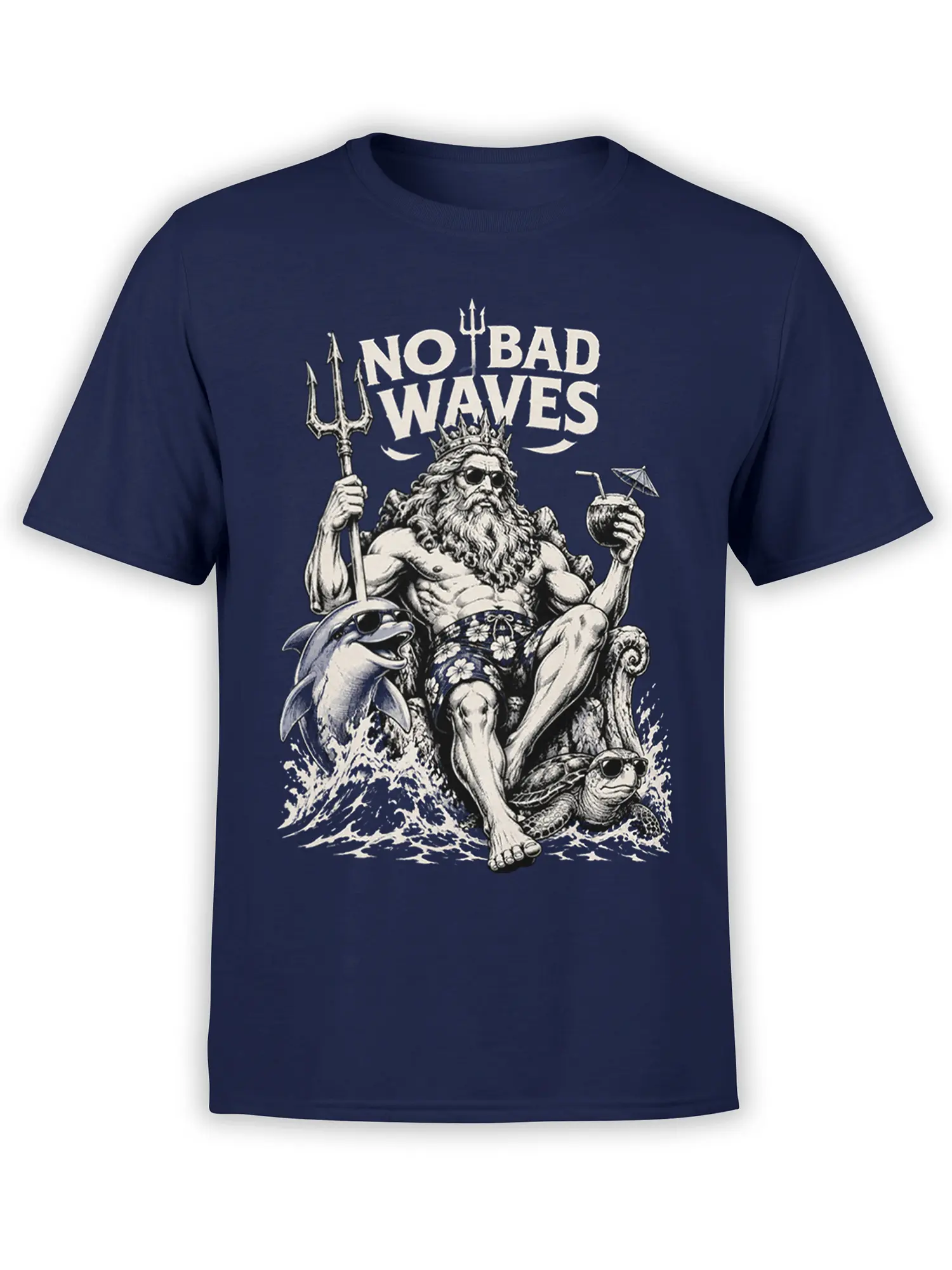 Poseidon navy T-shirt with trident, cocktail, dolphin, turtle, waves, and No Bad Waves lettering