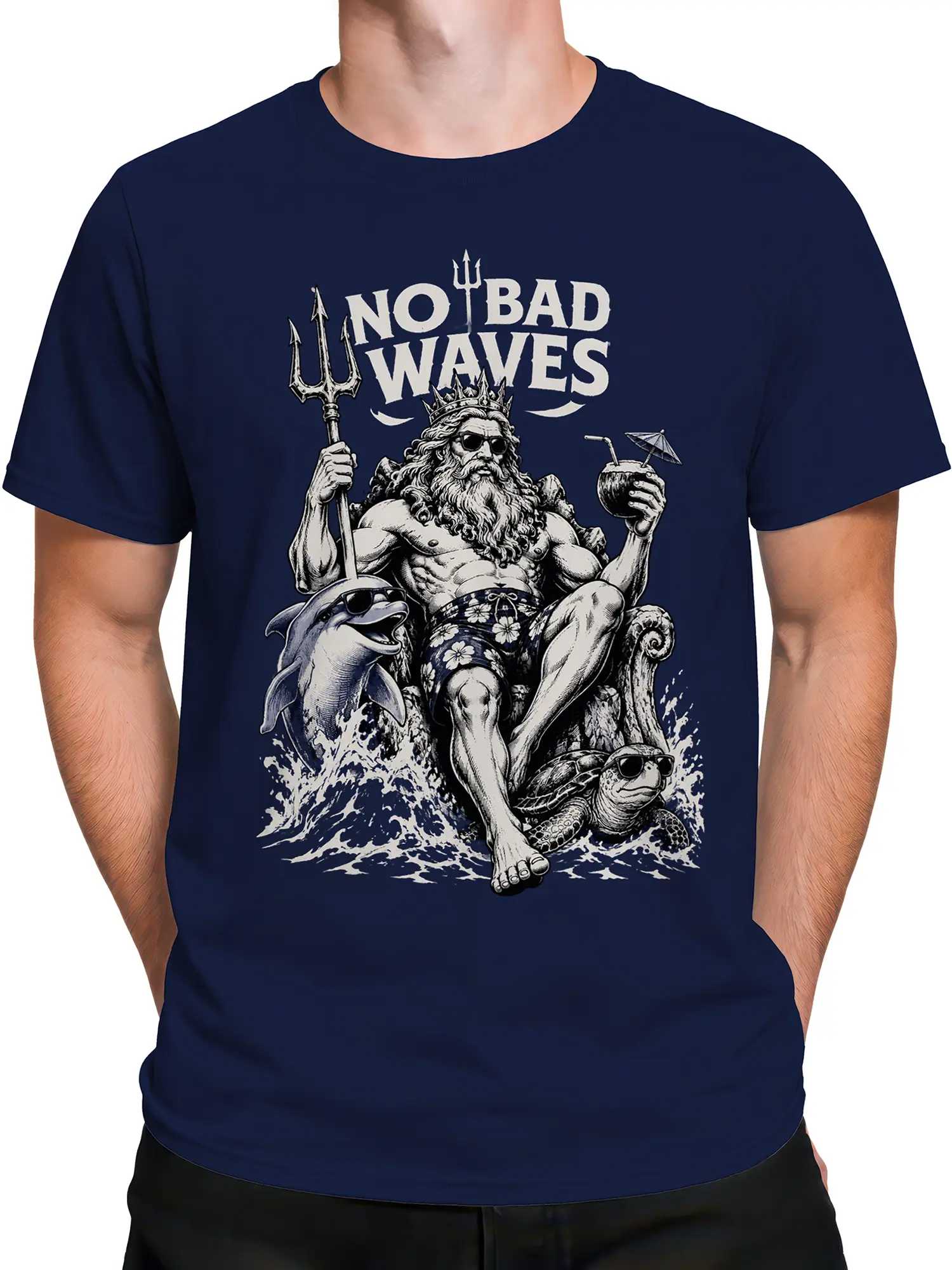 Male torso wearing a navy Poseidon T-shirt with trident, cocktail, dolphin, turtle, and ocean graphic
