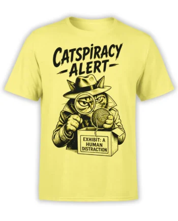 Yellow cat detective T-shirt with cowboy hat, magnifying glass, yarn ball, and Catspiracy Alert lettering