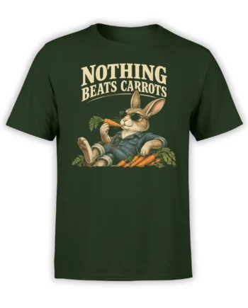 Green rabbit T-shirt with sunglasses, denim outfit, carrots, and the phrase Nothing Beats Carrots