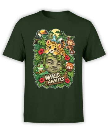 Green wildlife T-shirt with a jaguar cub, toucan, monkey, frog, red panda, waterfall, and WILD AWAITS jungle design