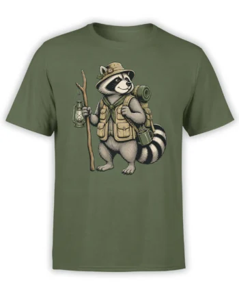 Green T-shirt featuring a vintage raccoon adventurer with a hat, backpack, lantern, walking stick, and camping mug