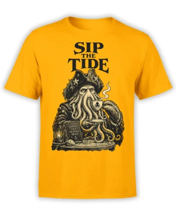 Yellow octopus t-shirt with pirate hat, tea cup, nautical details, and “SIP THE TIDE” lettering