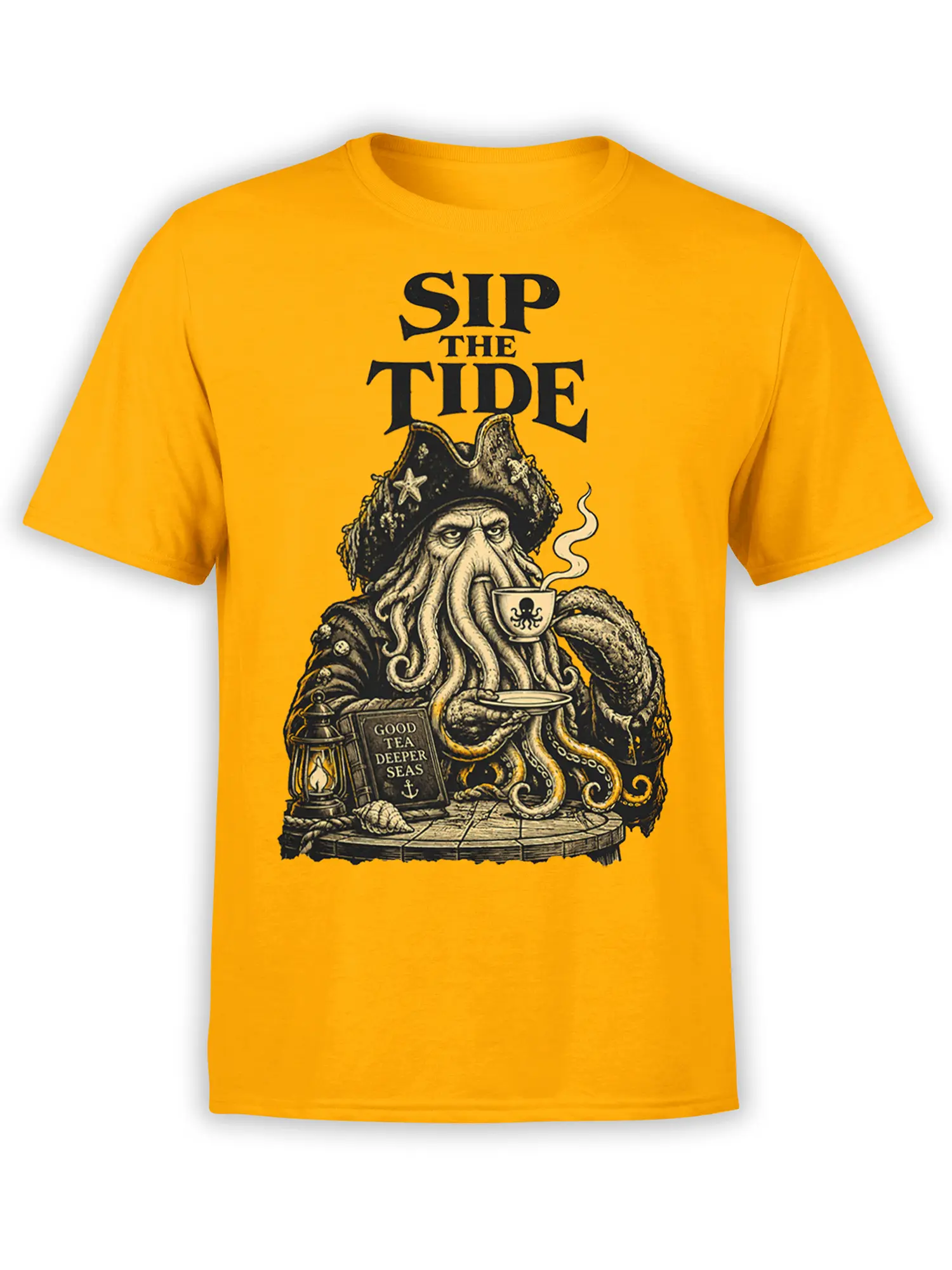 Yellow octopus t-shirt with pirate hat, tea cup, nautical details, and “SIP THE TIDE” lettering