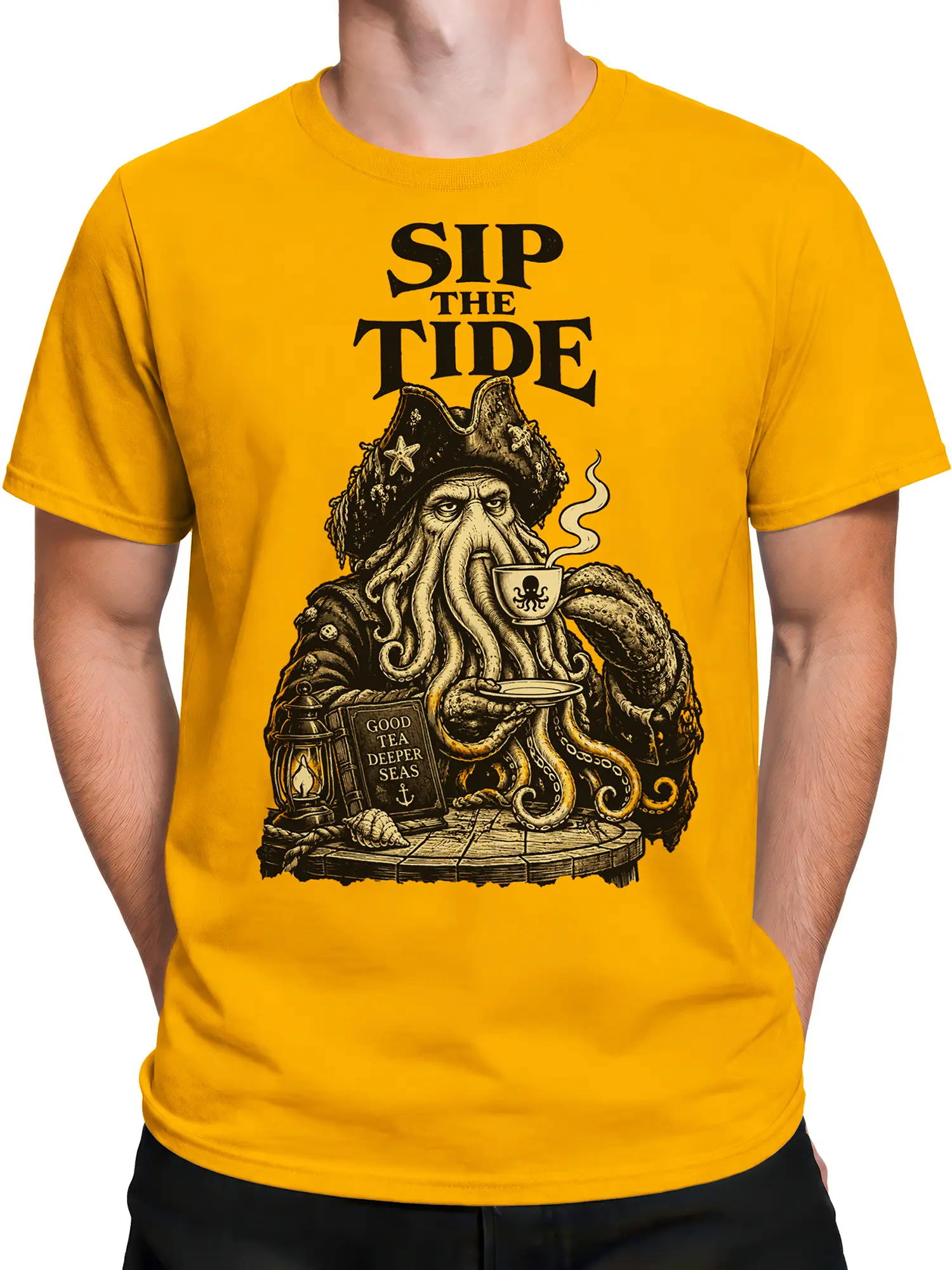Male torso wearing a yellow vintage octopus t-shirt with nautical tea artwork and bold lettering