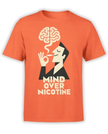 Orange smoking T-shirt with geometric man, cigarette, brain-shaped smoke, and Mind Over Nicotine graphic