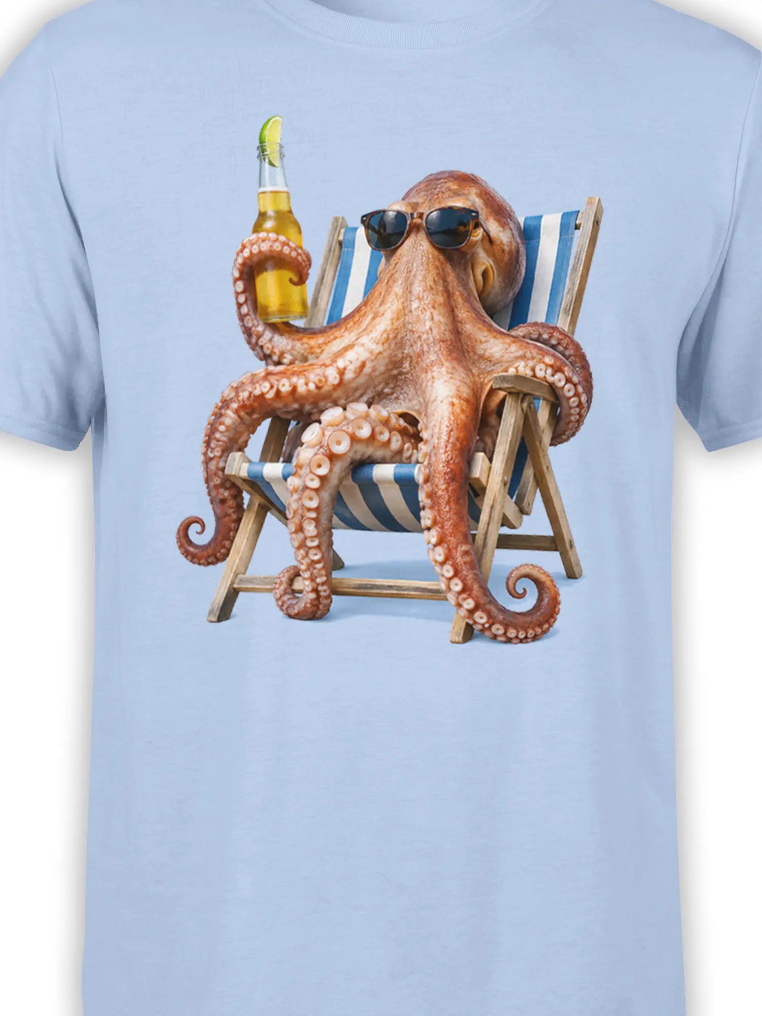 Close-up of the sunglasses-wearing octopus, striped chair, tentacles, and bottle on a light blue T-shirt