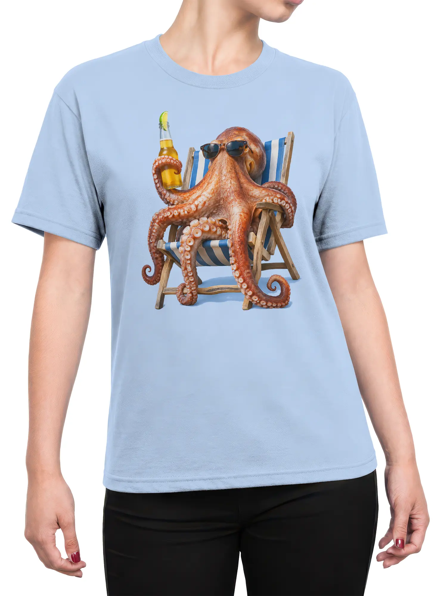Female torso wearing a light blue octopus T-shirt with sunglasses, a striped chair, and a lime-topped bottle