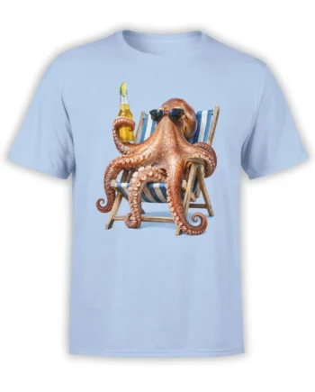 Light blue T-shirt with a relaxed octopus wearing sunglasses in a striped deck chair and holding a bottle