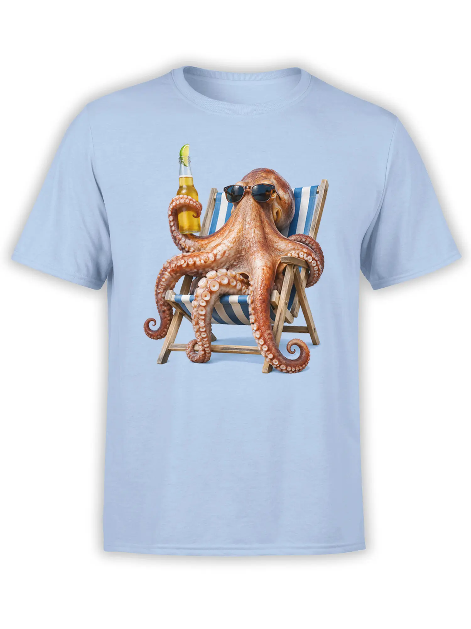 Light blue T-shirt with a relaxed octopus wearing sunglasses in a striped deck chair and holding a bottle