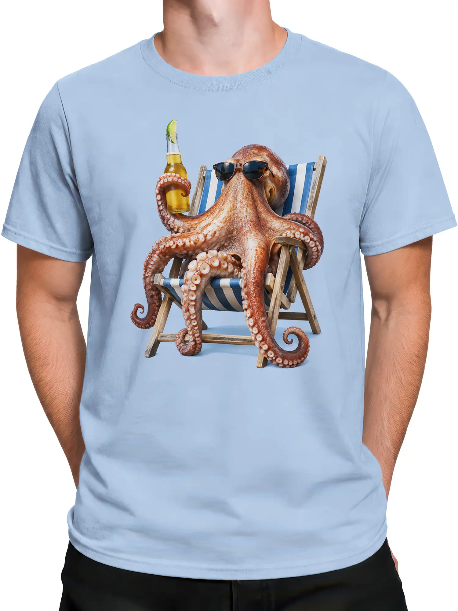 Male torso wearing a light blue octopus T-shirt with a striped chair, sunglasses, and a bottle