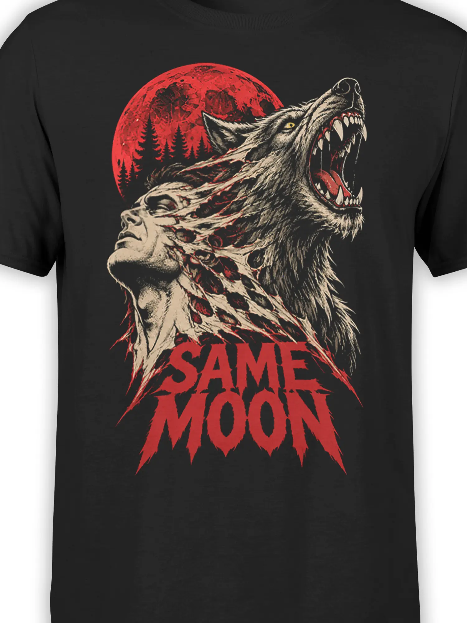 Close-up of the black werewolf graphic showing sharp fangs, yellow eye, red moon, and distressed vintage detail