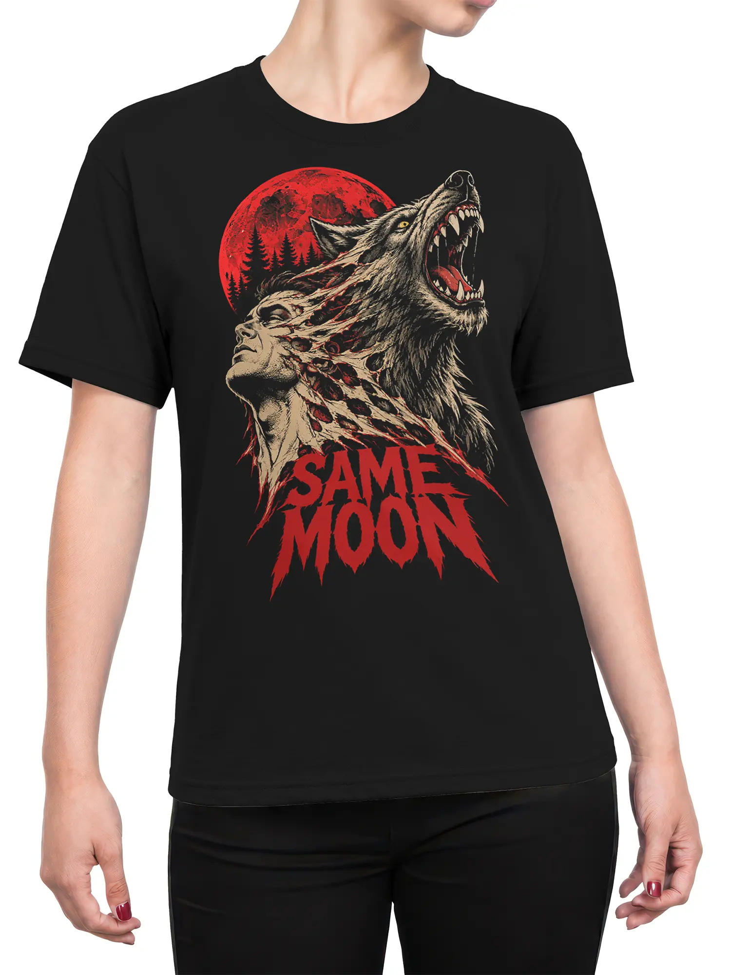 Female torso wearing a black werewolf T-shirt with red moon artwork and bold “SAME MOON” graphic
