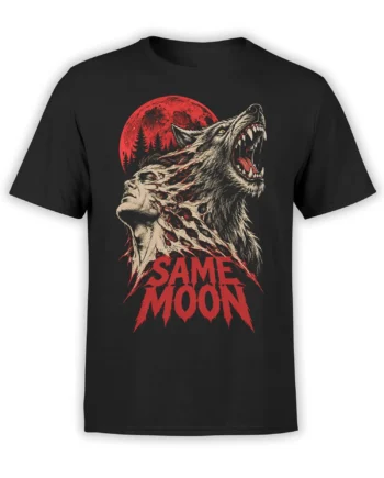 Black werewolf T-shirt with a red moon, snarling wolf, human face, and bold “SAME MOON” lettering