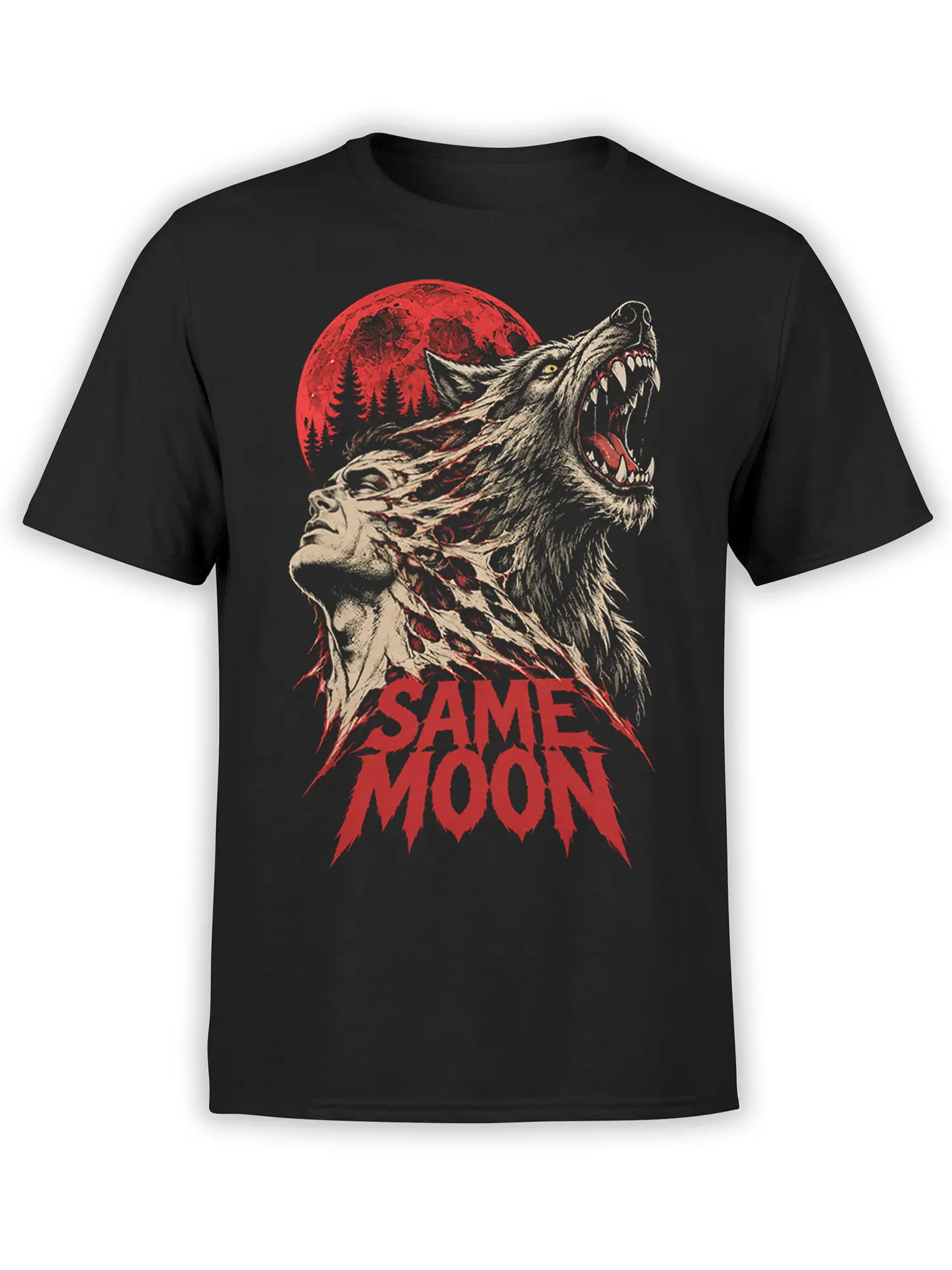 Black werewolf T-shirt with a red moon, snarling wolf, human face, and bold “SAME MOON” lettering