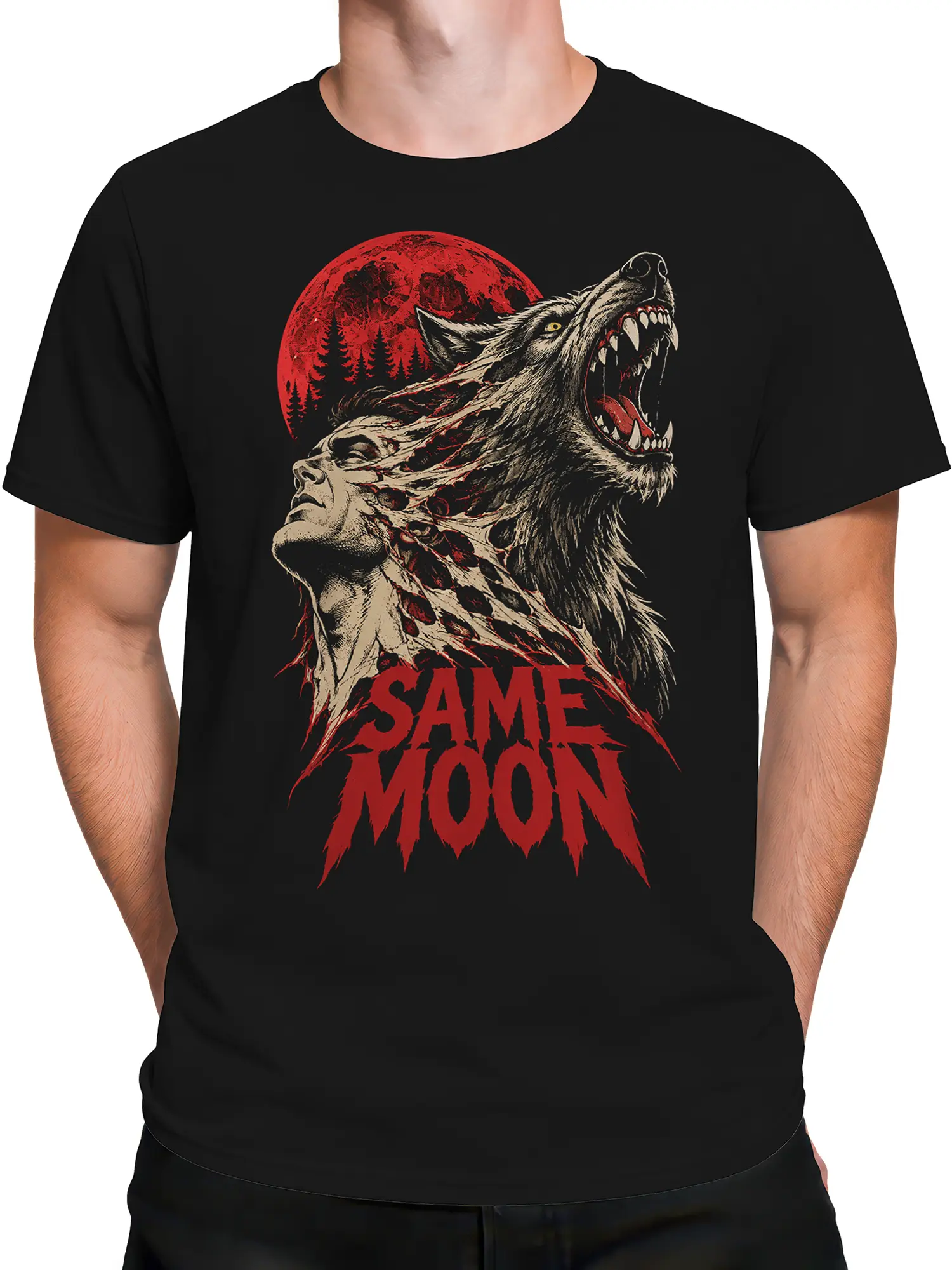 Male torso wearing a black werewolf graphic tee with red moon, wolf transformation, and vintage horror artwork