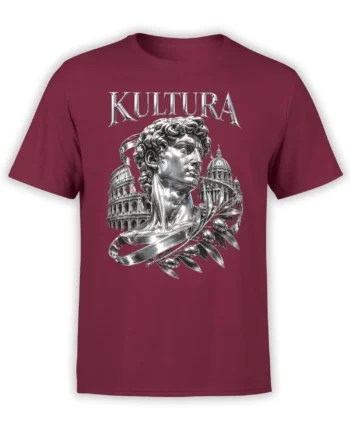 Burgundy classical art T-shirt with a silver marble bust, historic buildings, olive branches, and KULTURA lettering