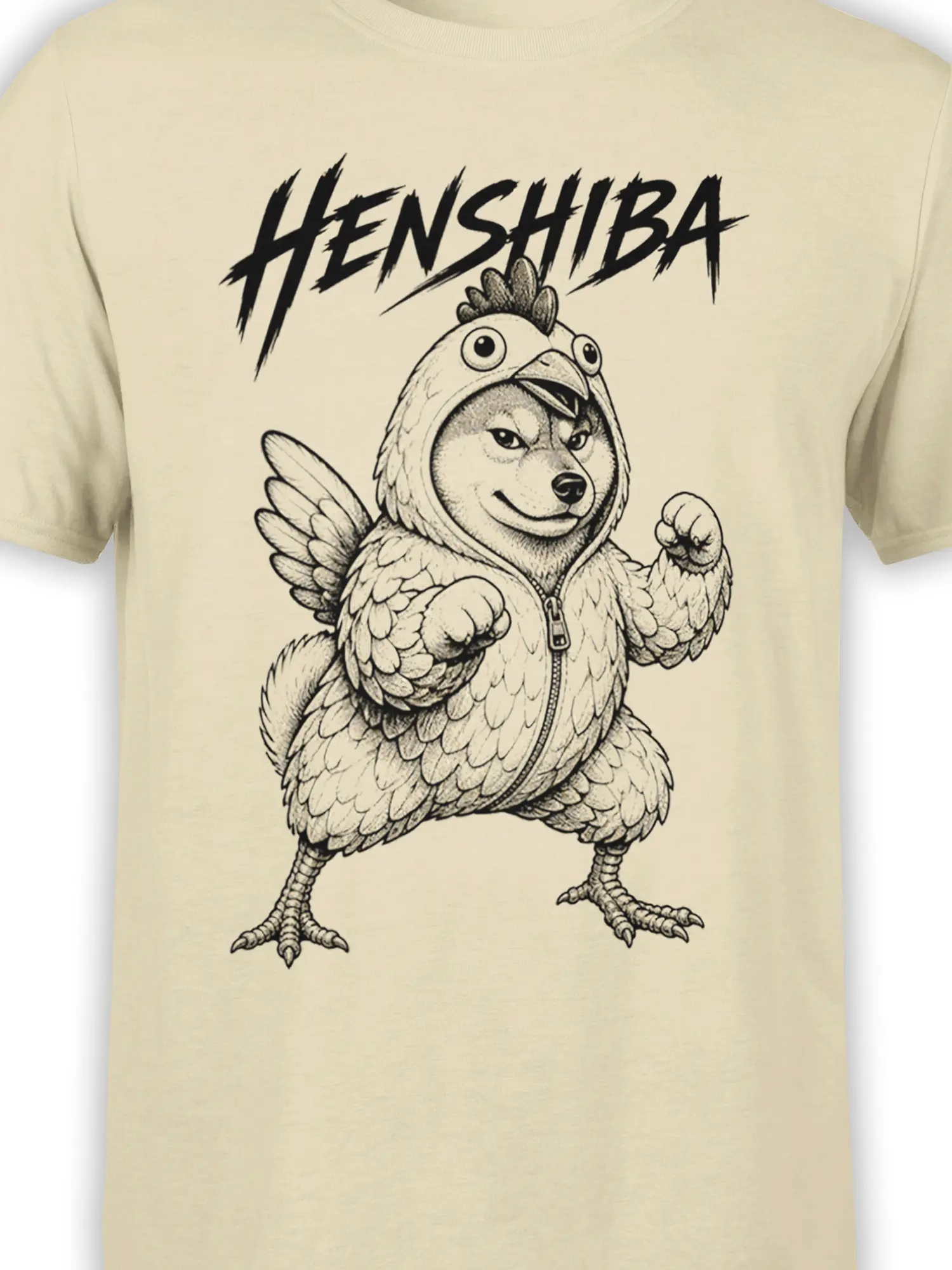Close-up of the Henshiba chicken dog design with feather details and bold black lettering on beige fabric