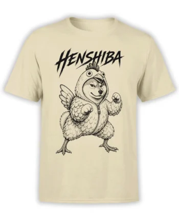 Henshiba dog in a chicken costume with wings and raised fists on a beige graphic T-shirt