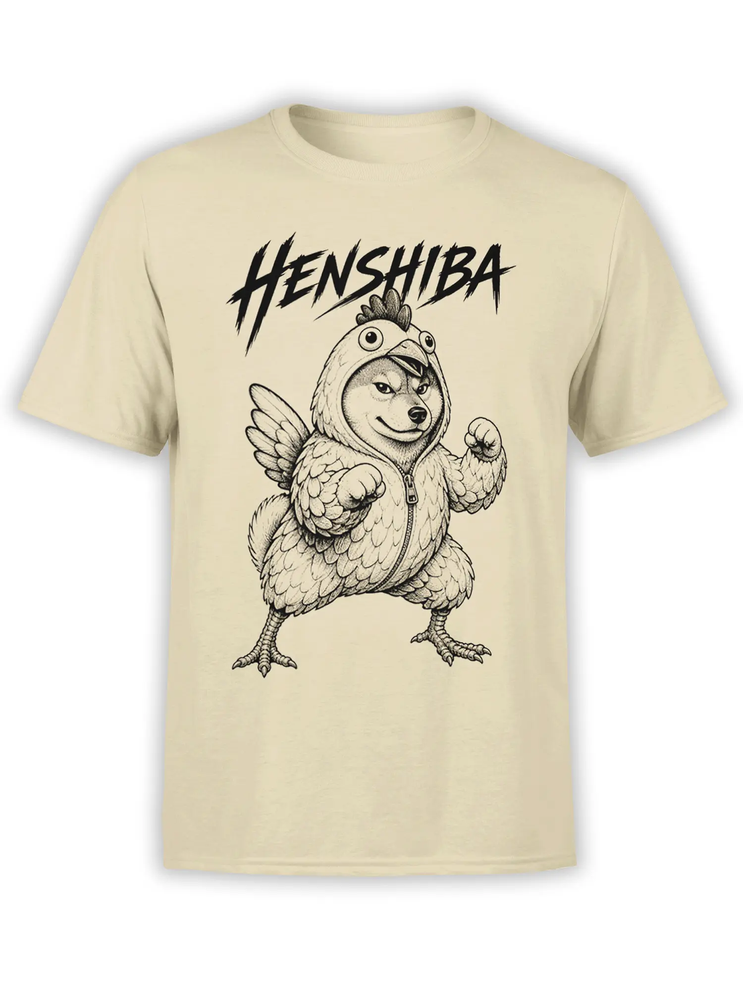 Henshiba dog in a chicken costume with wings and raised fists on a beige graphic T-shirt