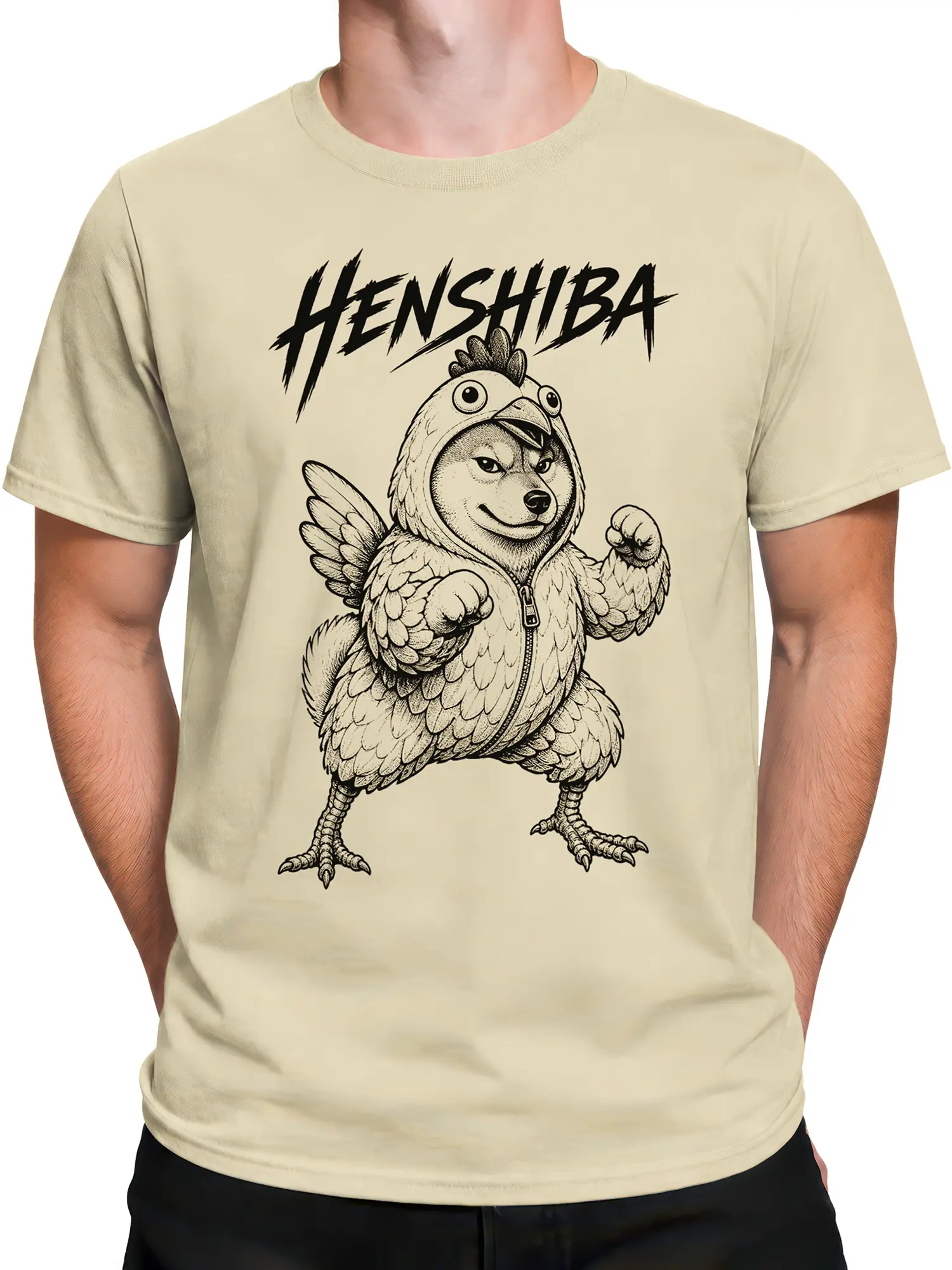 Male torso wearing a beige Henshiba chicken dog T-shirt with raised fists and feathered wings