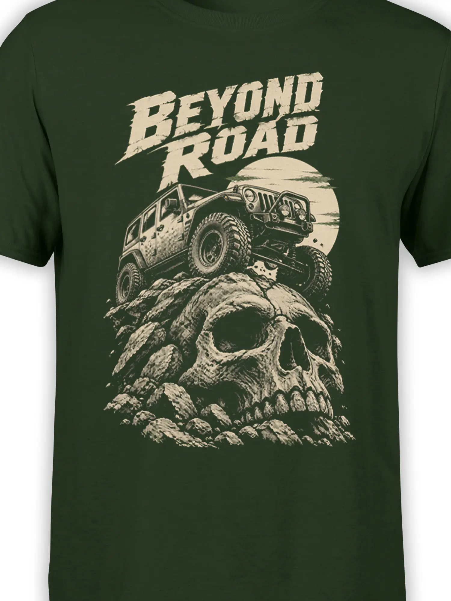 Close-up of cream off-road vehicle and skull artwork on dark green T-shirt