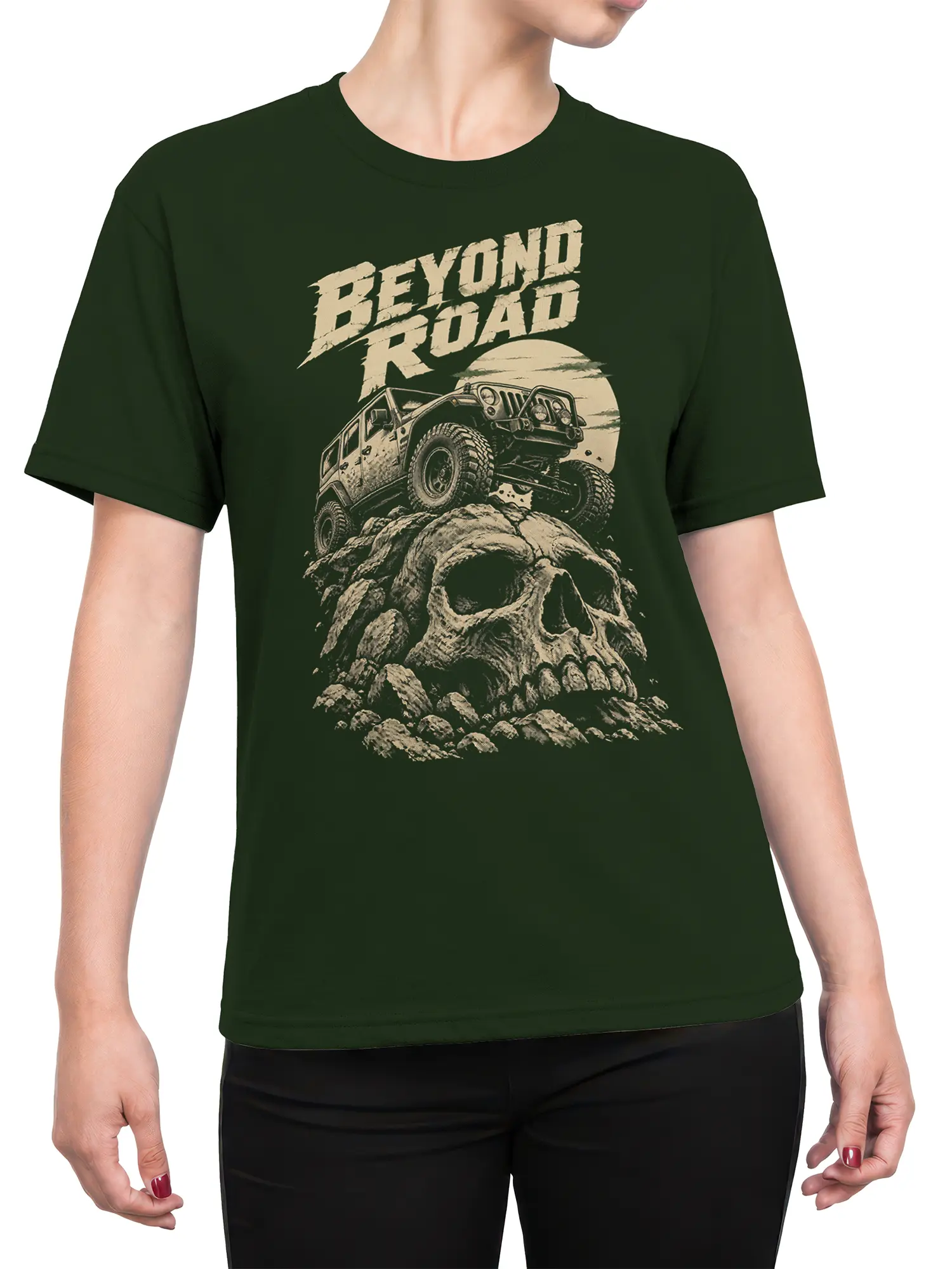 Female torso wearing dark green off-road T-shirt with skull trail graphic