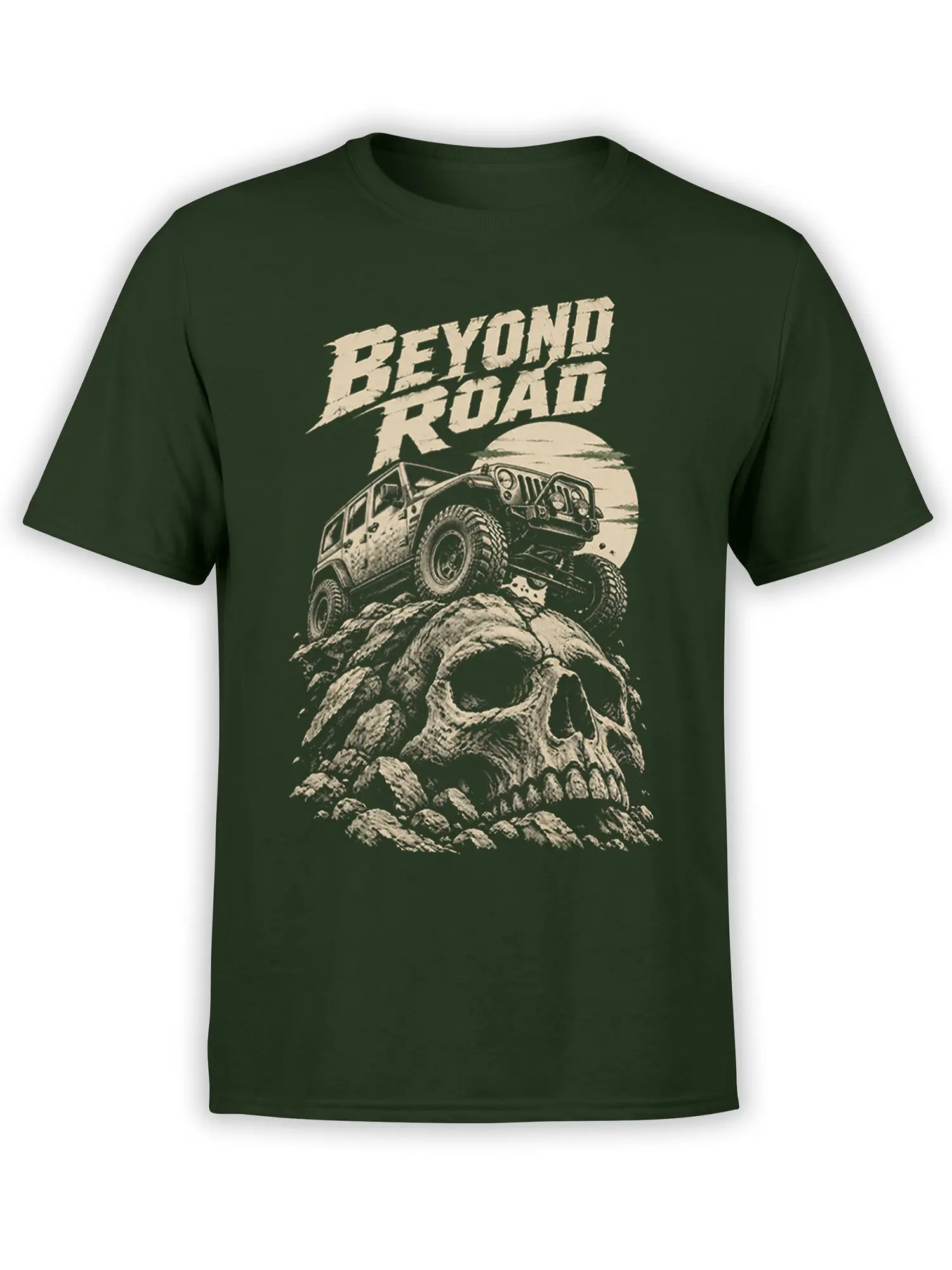 Dark green off-road T-shirt with cream vehicle, skull, rocky trail, and “BEYOND ROAD” graphic