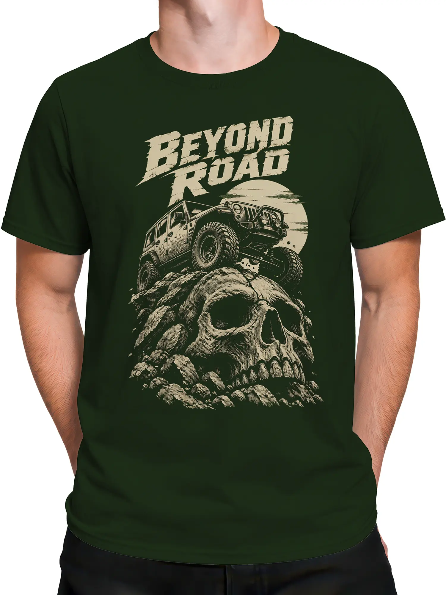 Male torso wearing dark green off-road T-shirt with vintage skull artwork