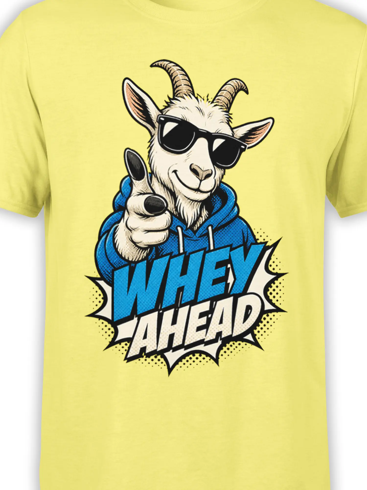 Close-up of the yellow shirt design showing a goat in sunglasses, blue hoodie, thumbs-up, and “WHEY AHEAD” text