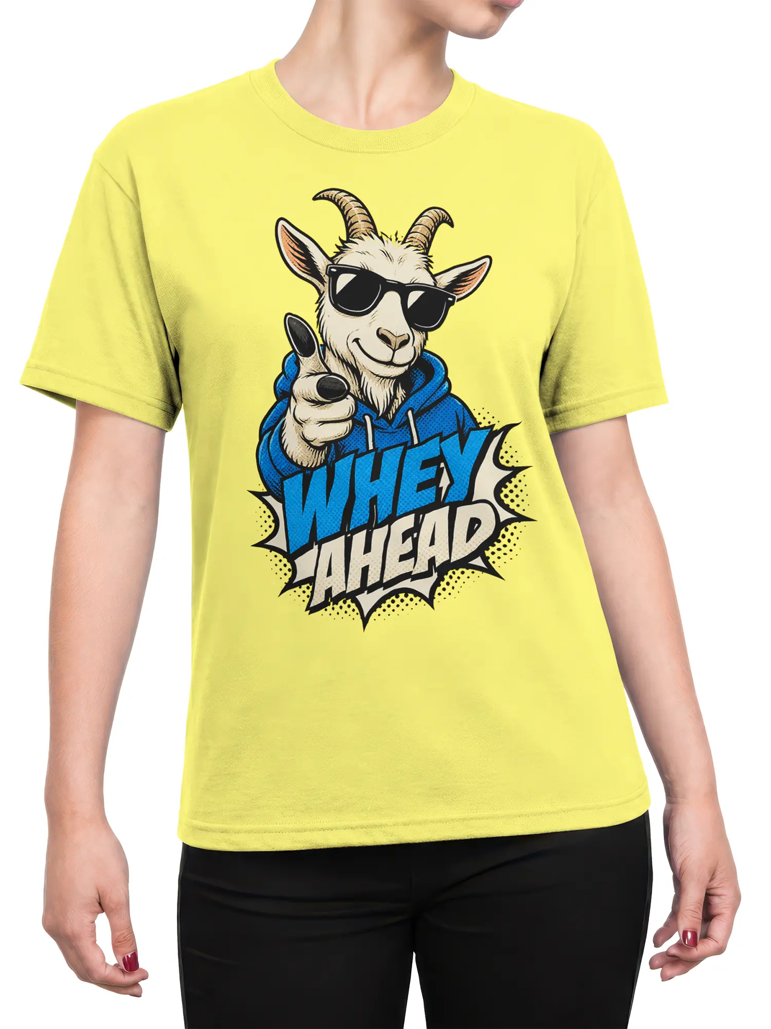 Female torso wearing a yellow T-shirt with a sunglasses goat, blue hoodie, and “WHEY AHEAD” graphic