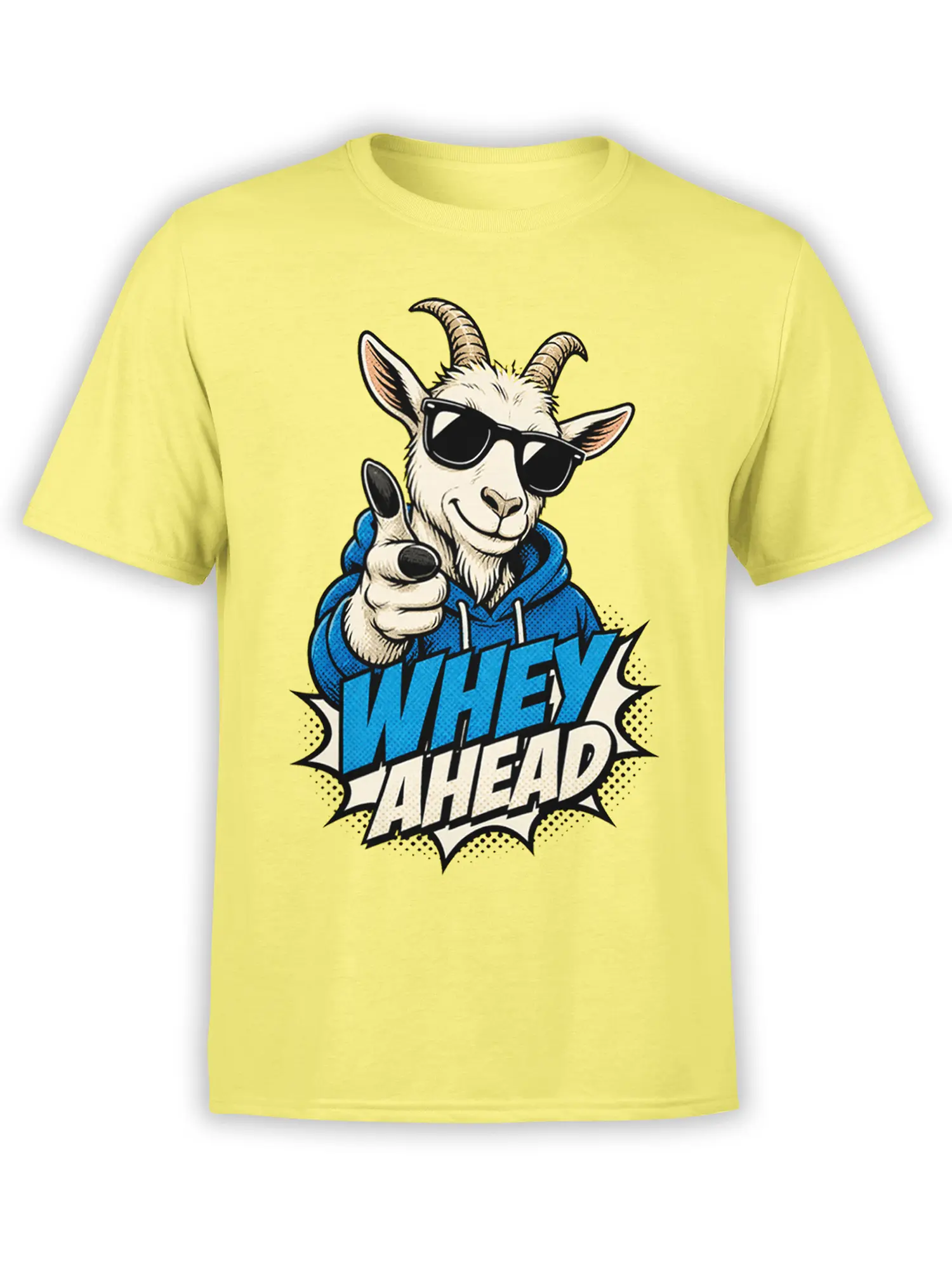 Yellow T-shirt with a sunglasses-wearing goat in a blue hoodie and bold “WHEY AHEAD” comic lettering